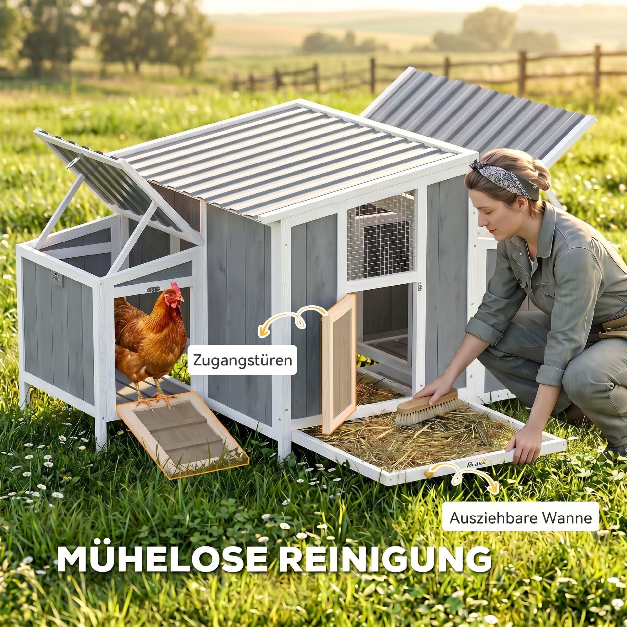 PawHut Hühnerstall Hühnerhaus aus Holz 145 x 90 x 92 cm, Freilaufgehege mit abschließbarer Tür, Nistkasten, wasserdichtem PET-Dach, Sitzstangen, Hühnergehege für 3-4 Hühner, für Garten, Grau