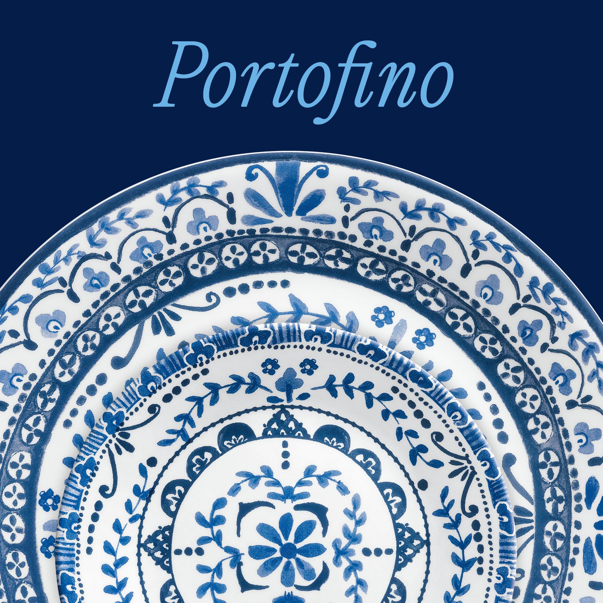 Corelle 18-teiliges Tafelservice Portofino, Blau und Weiß für 6 Personen, splitterfestes Geschirr, inklusive 26 cm Speiseteller, 17 cm Salat-/Beilagenteller und 530 ml Suppen-/Müslischalen
