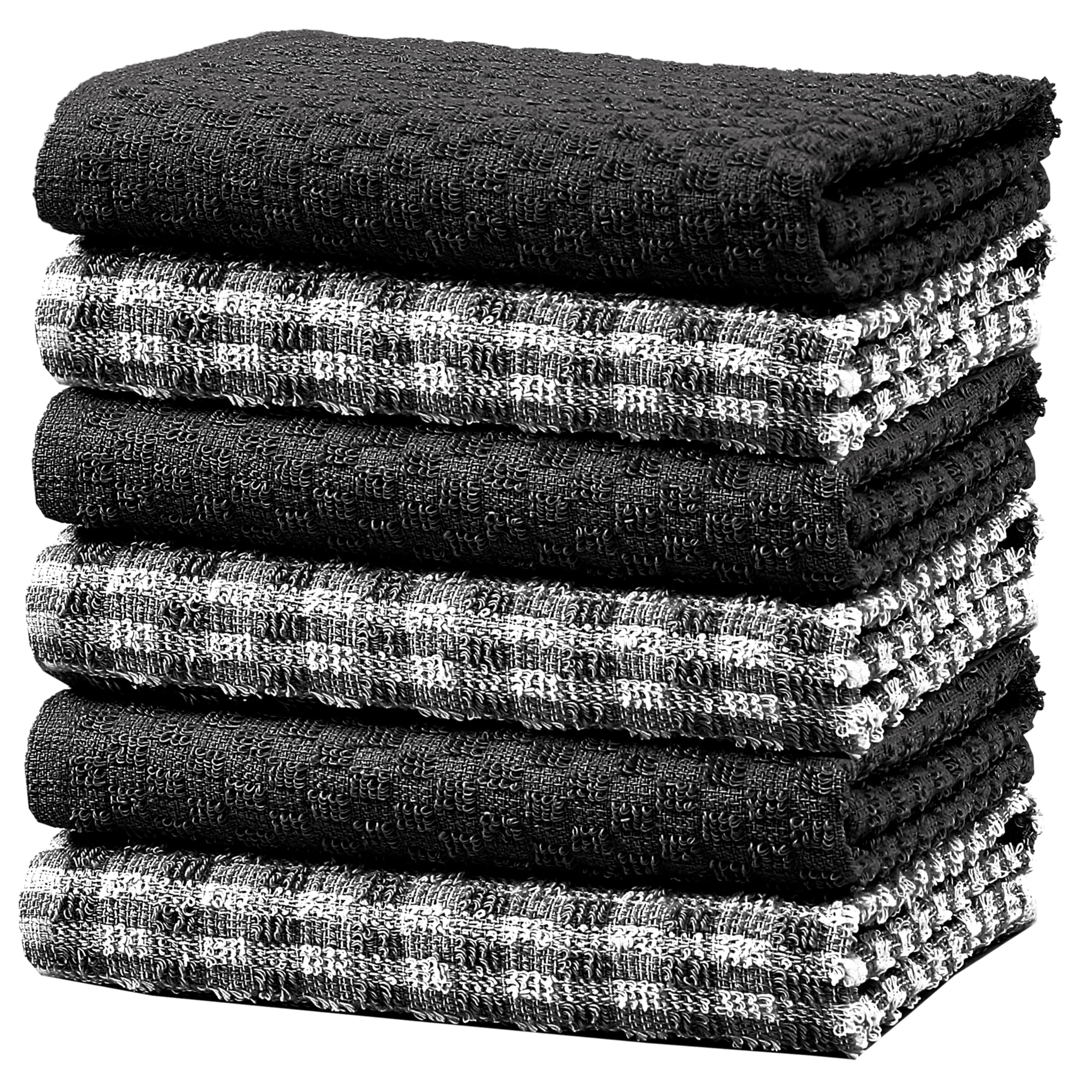Olivia Rocco Black 100% Cotton Ascot Check Terry Tea Towels For Kitchen Pack Of 6 Super Absorbent Dish Cloth Towel For Drying & Cleaning Household Essentials - 6 Pk