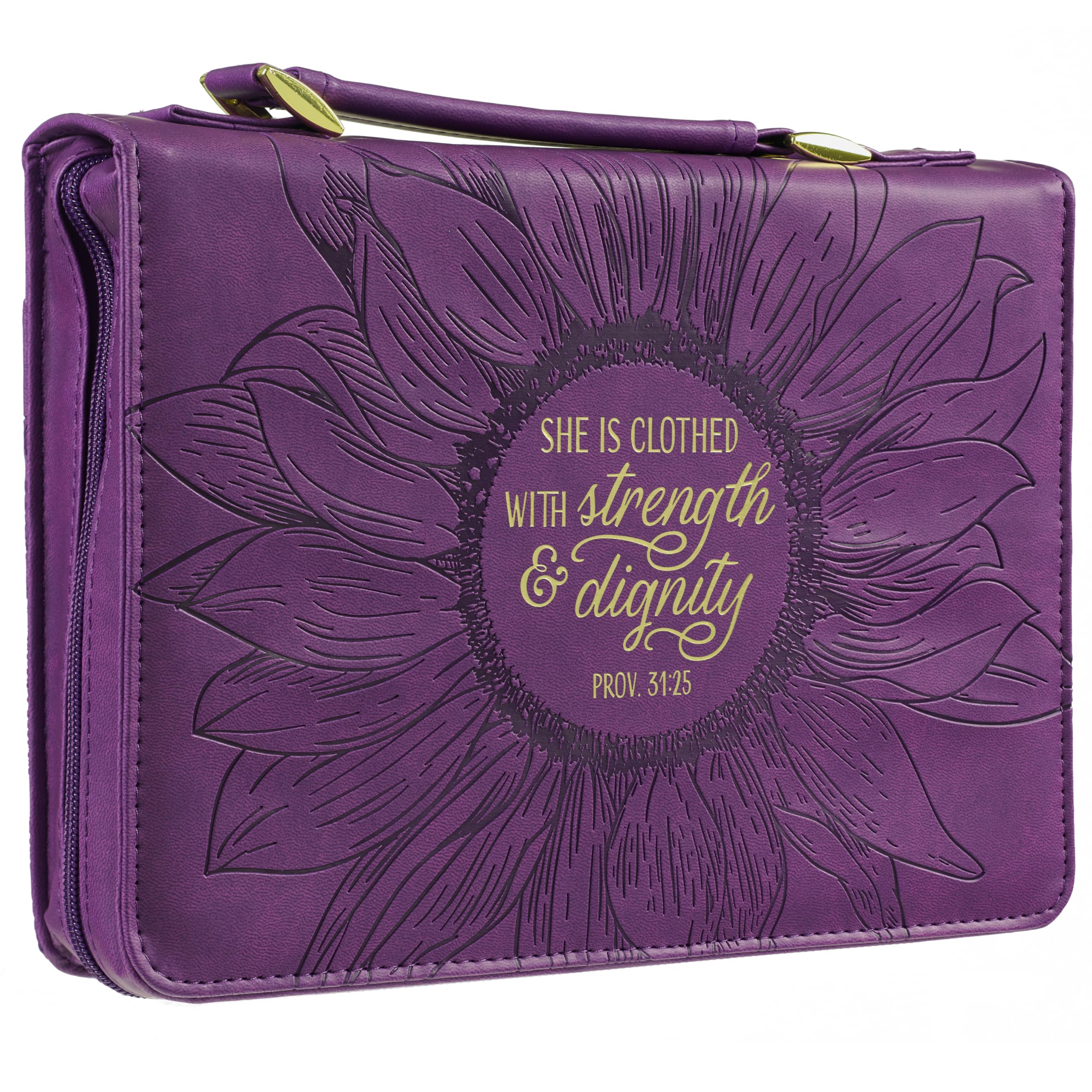 Christian Art Gifts Moda Donna Bibbia Cover Forza e Dignità Proverbi 31:25, Viola/Oro Girasole Ecopelle, Medio