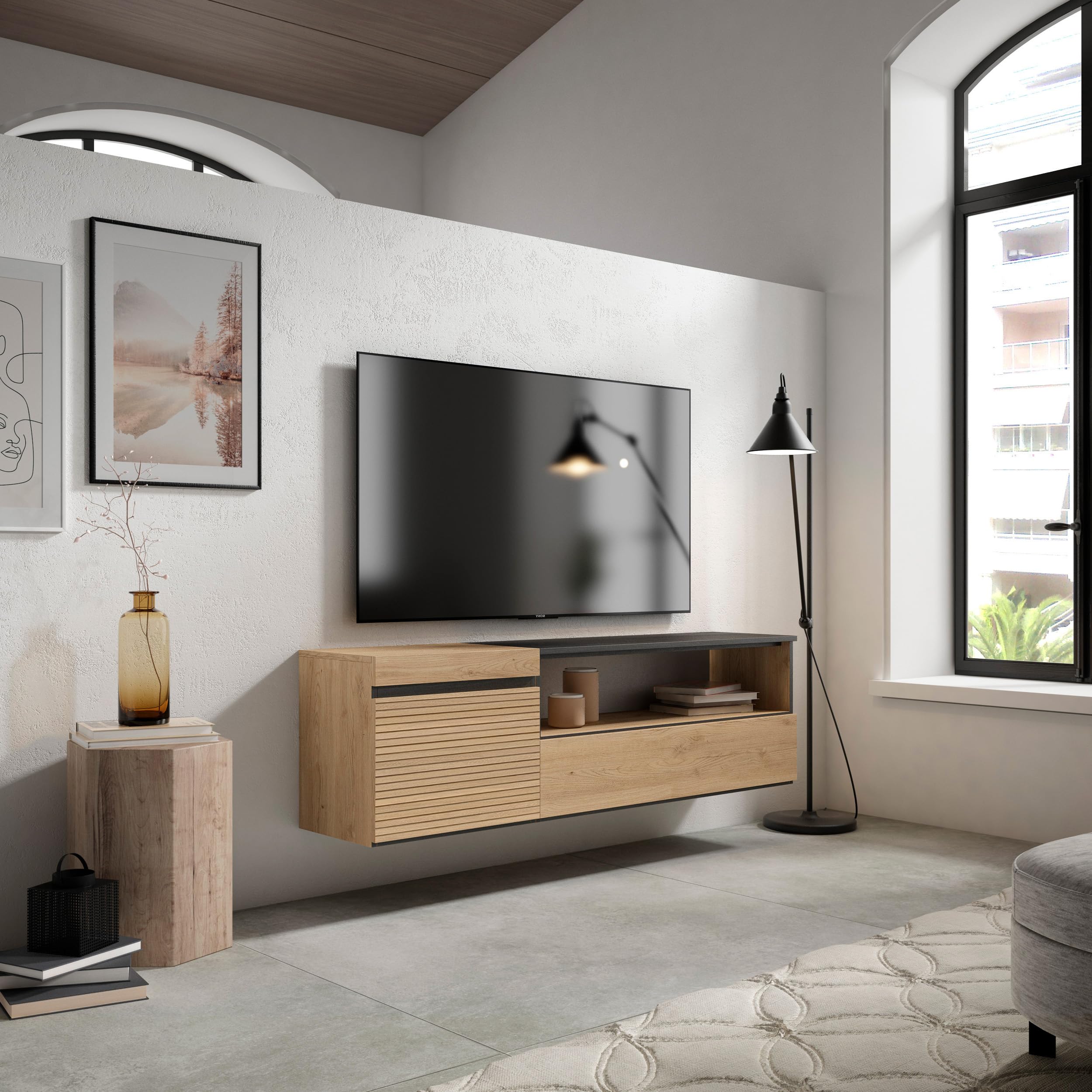 Mobile TV Soggiorno Skraut Home - Con Camino Elettrico LED, Bianco E Rovere, 200x45x35 Cm