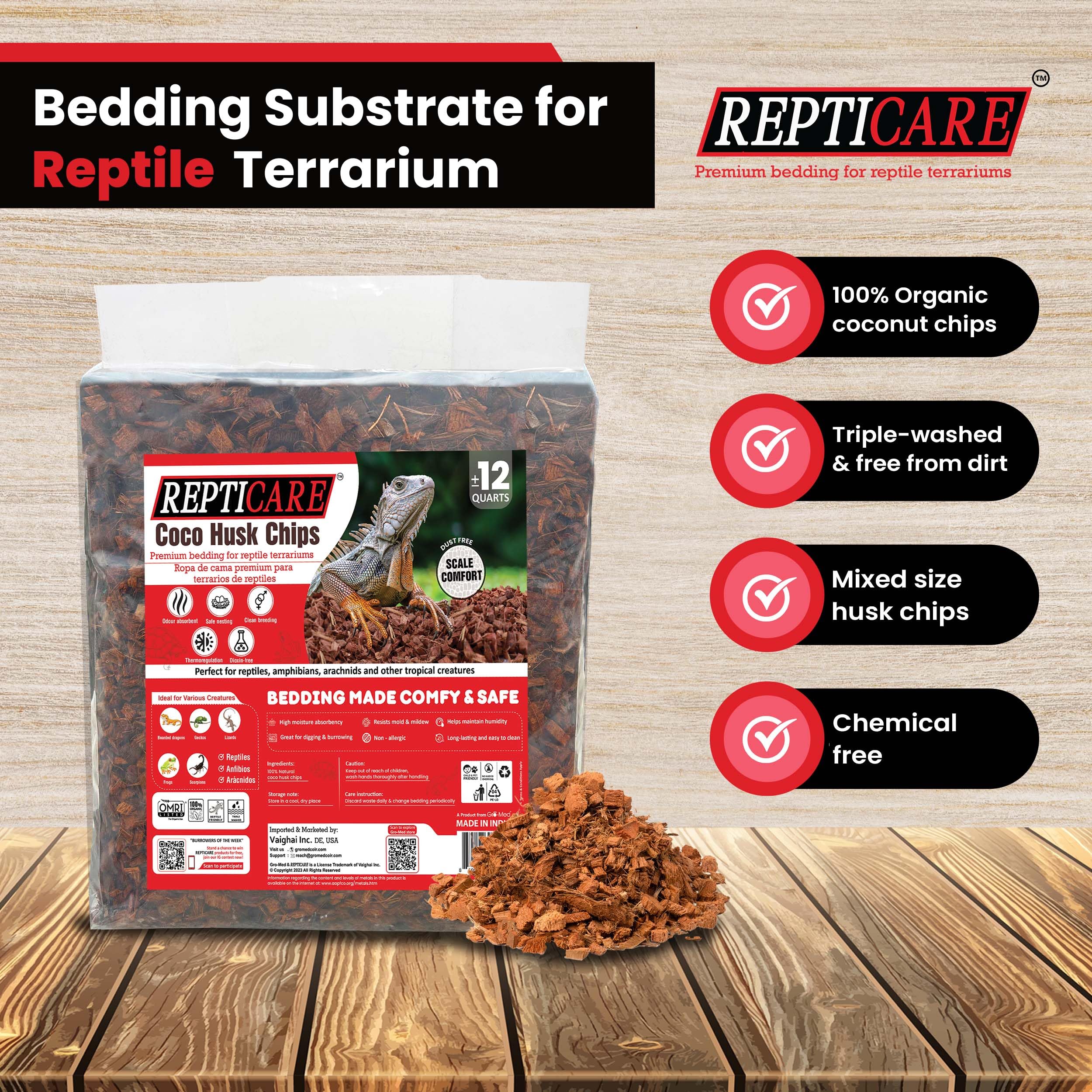 ReptiCare - Chips de cáscara de coco, 12 cuartos de galón de ropa de cama de cáscara de coco orgánica lista para usar para pitones, serpientes, tortugas, gecos crestados, ranas o tanques de terrario