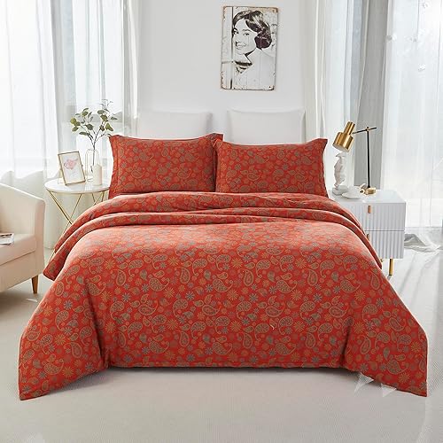 Miniatura 1 de Softta Juego de ropa de cama vintage con estampado de flores de cachemira roja, tamaño individual, juego de funda de edredón de 3 piezas, 100%