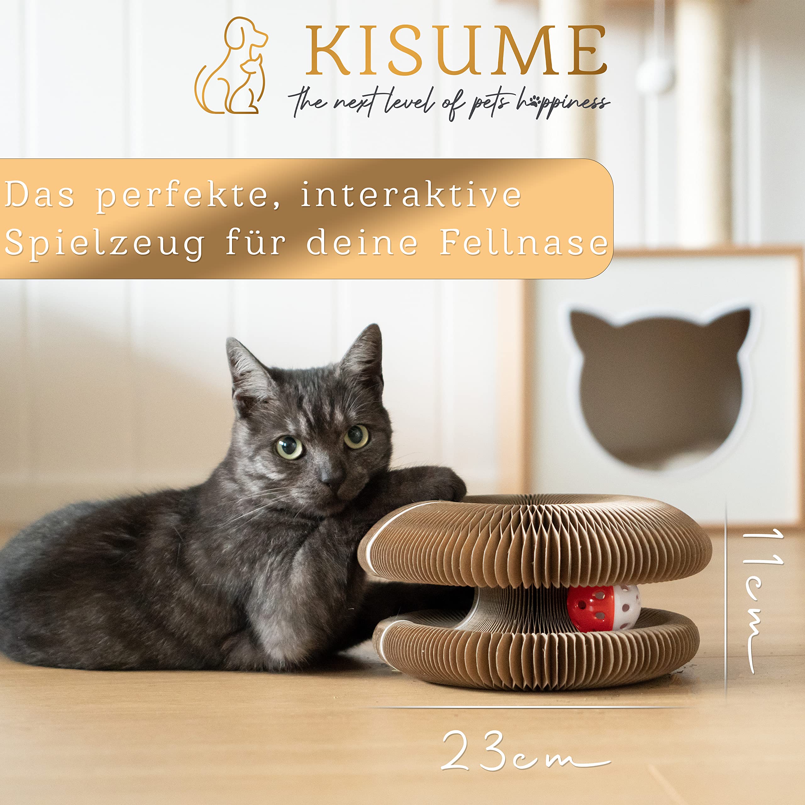 Krabplank voor katten, 2-delige set, krabkarton van hoogwaardig, recyclebaar golfkarton, rond, met kattenmunt en belbal, opvouwbaar, elastisch, interactief kattenspeelgoed, krasbescherming
