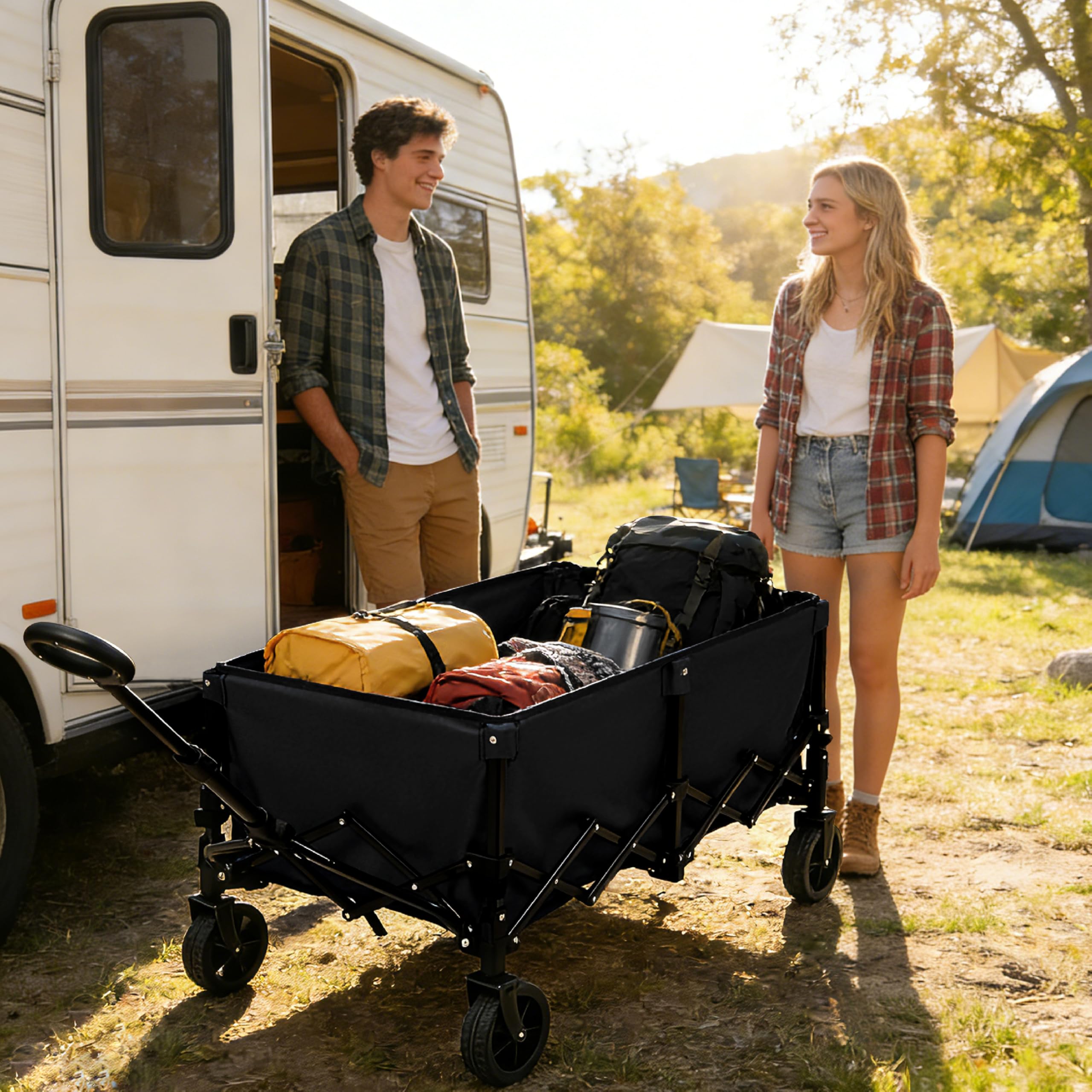OUTSIDER Bollerwagen faltbar 165L – Campingwagen mit 136kg Tragfähigkeit, klappbarer Strandwagen mit 360° Rädern, für Camping Einkauf Strand Schwarz