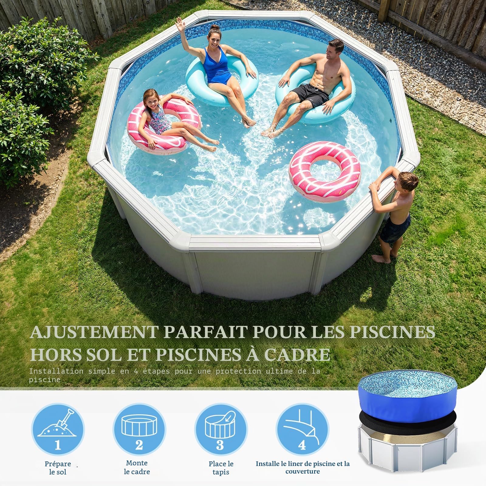 UIRWAY Tapis de piscine rond 319 cm, [2026 Nouveau tapis de piscine 300 g/m² plus épais] Tapis de fond de piscine prédécoupé, bâche de sol pour piscine hors sol, protection de sol, doublure, support