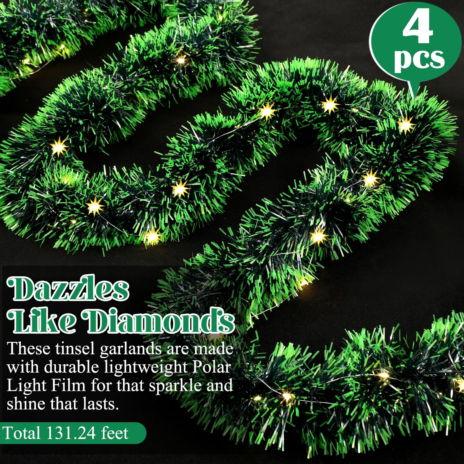 Ceenna Lot de 4 guirlandes de Noël de 10 m de long avec 100 lumières LED de 10 m pour sapin de Noël, décoration de chambre, mariage, anniversaire, fournitures de fête (vert foncé)