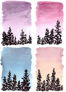 Sunset in Forest Watercolor Postcards Set of 4 Original Painting Art Sunrise Postcards Colorful Cards Print Landscape Night Nature