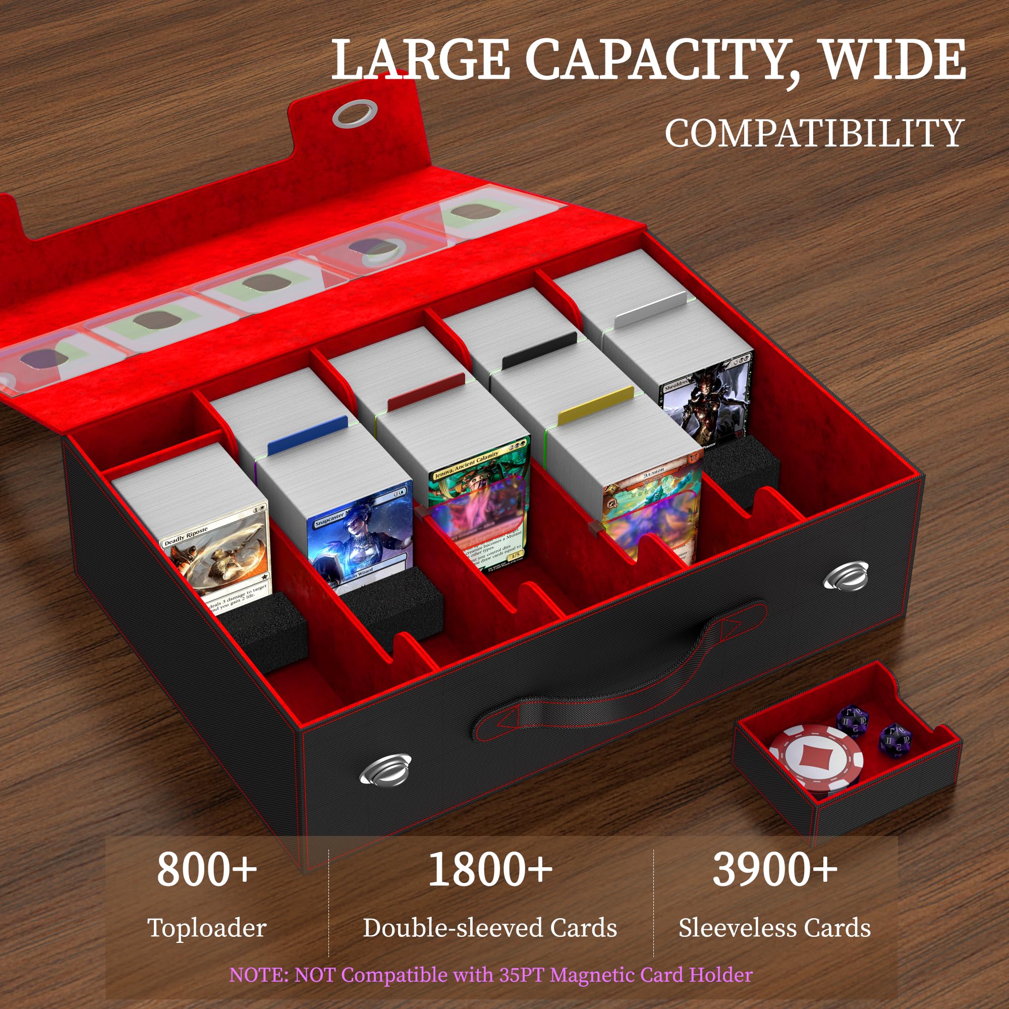 5 lignes Boîte de rangement pour cartes à collectionner,Commander Deck Box | pour plus de 3900 cartes MTG, pour TCG, PTCG,5 séparateurs,1 plateau pour dés,48 murs de séparation (Rouge)