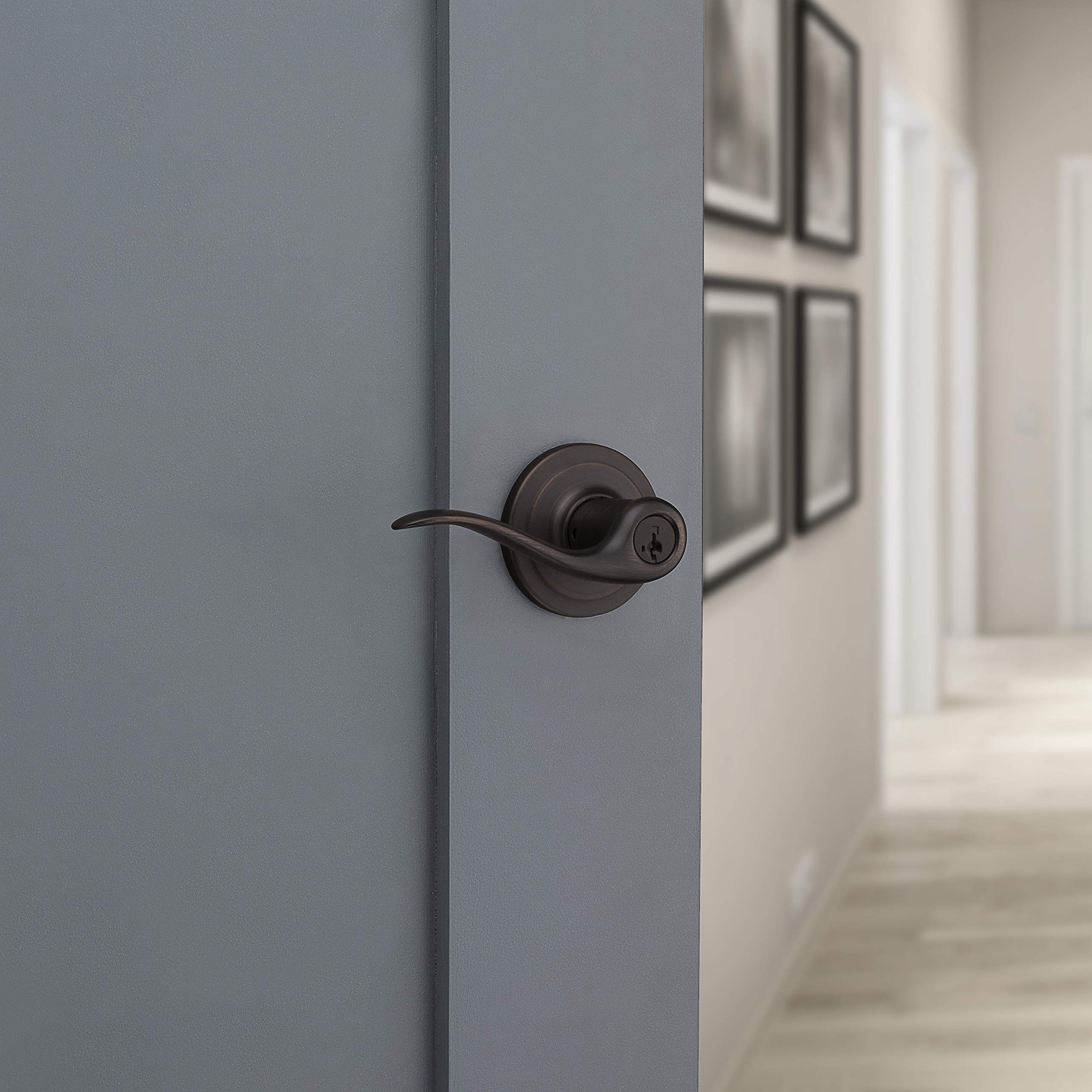 Kwikset Tustin Entry Door Handle with Lock and Key, Secure Keyed Reversible Lever Exterior, For Front Entrance and Bedrooms, Venetian Bronze, Pick Resistant Smartkey Rekey Security and Microban