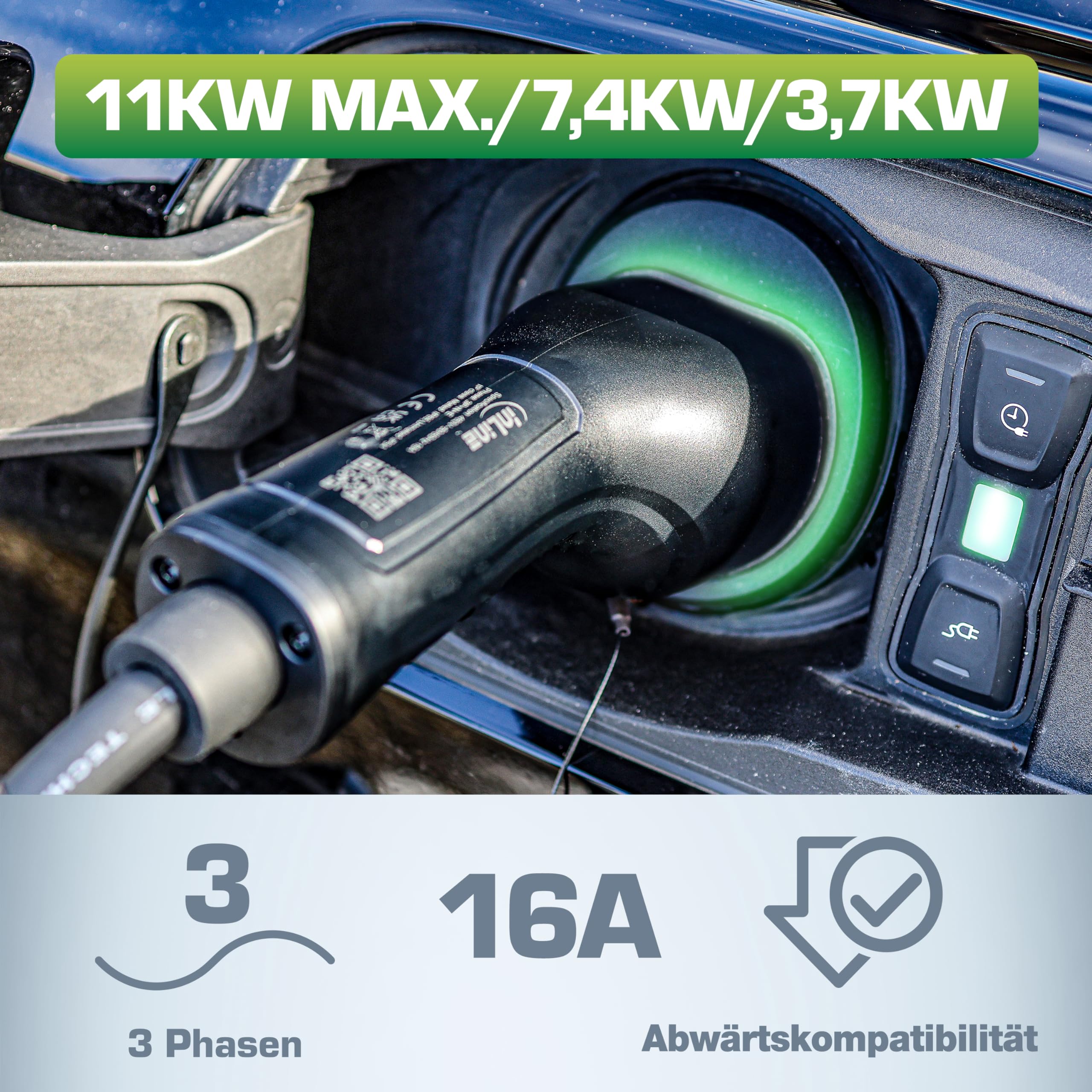 InLine EV 16277S - Cavo di ricarica a spirale per auto elettrica, 7,5 m, tipo 2 EN 62196, con custodia, 11 KW MAX./7,4 KW/3,7 KW, 16A, 3 fasi, compatibile con modelli come i3, iX, ID.3, ID.4 e altri,
