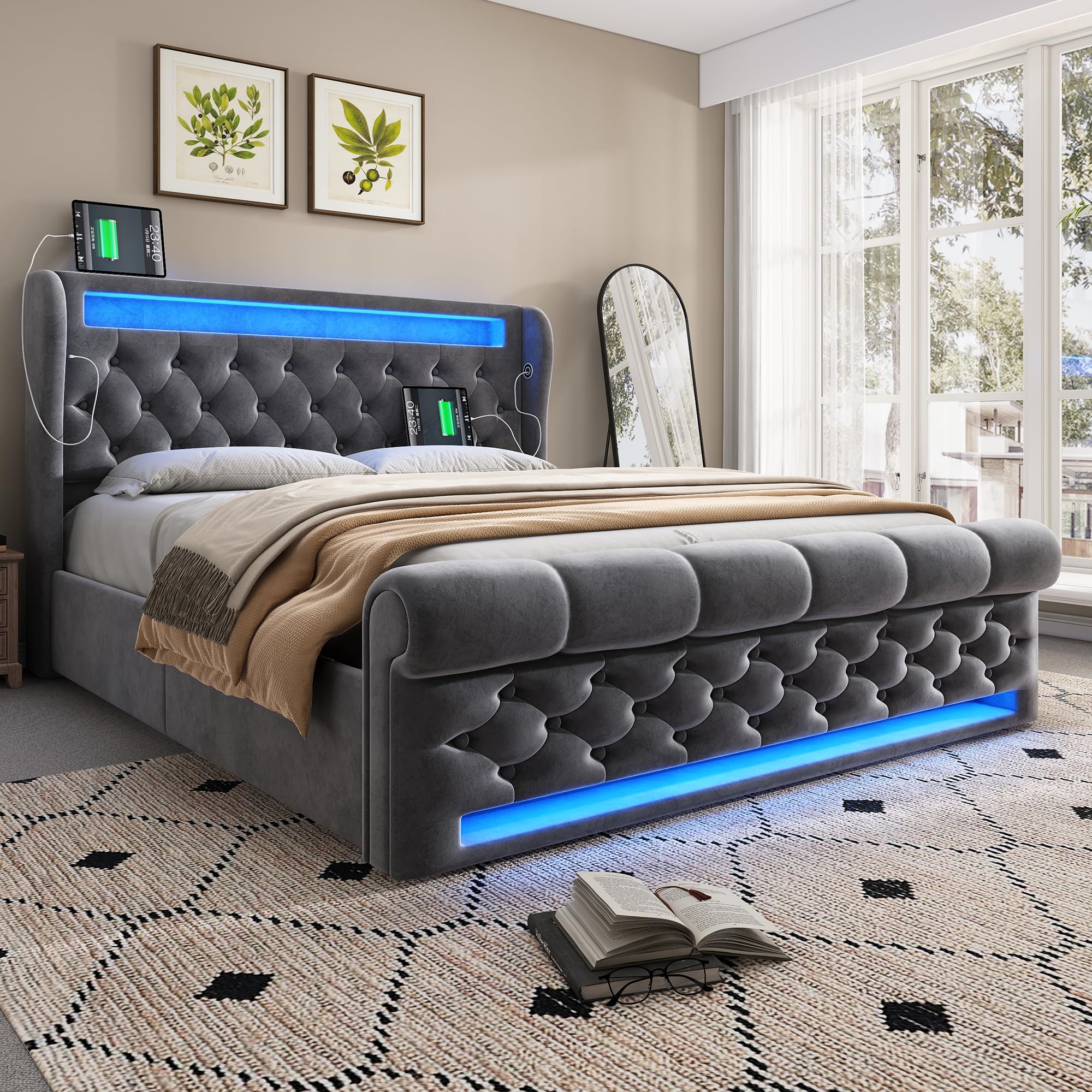 Nowoczesne łóżko tapicerowane, podwójne łóżko 160 x 200 cm, tapicerowane łóżko z diodami LED, zagłówek do przechowywania z portami USB i typu C, hydrauliczne łóżko do przechowywania, szare
