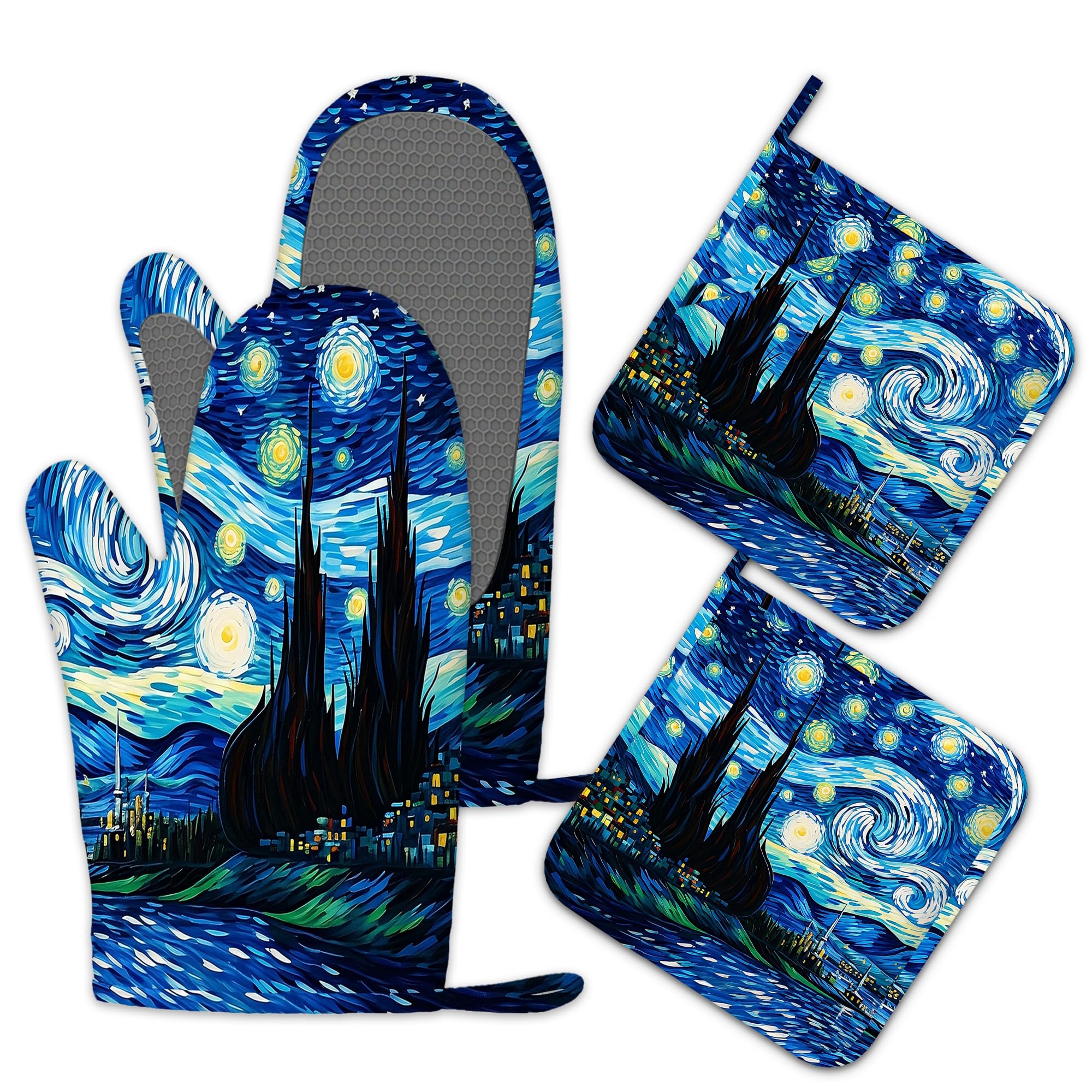Starry Night Oven Mitts and Pot Holders Sets Silicone Kitchen Mitts Potholders Heat Resistant 4Pcs Oven Gloves Hot Pads for Kitchen Baking Cooking BBQ Grilling