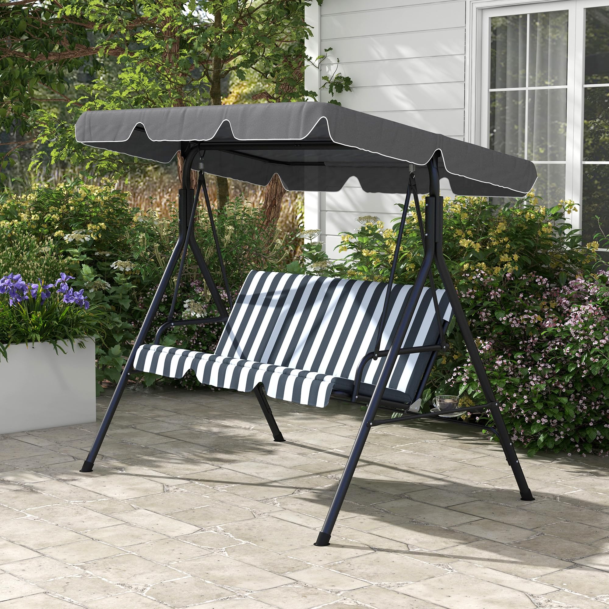 Outsunny Hollywoodschaukel mit Sitzpolster, 3-Sitzer Gartenschaukel mit verstellbarem Sonnendach, Schaukelbank belast bis 240 kg, für Garten, Terrasse, 172 x 110 x 153 cm, Grau+Weiß
