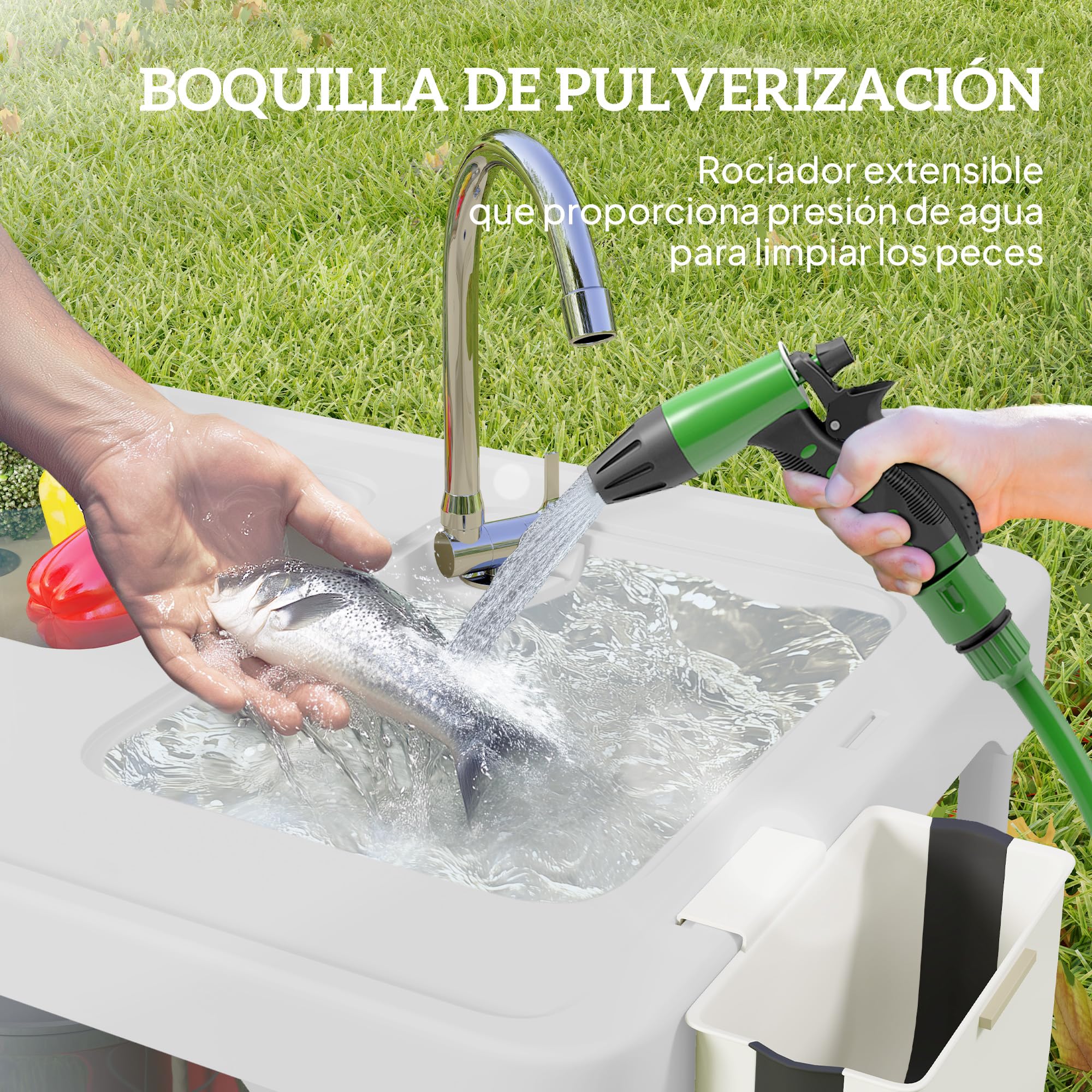 Outsunny Mesa para Limpiar Pescado Portátil Mesa Plegable para Camping con 2 Fregaderos Manguera de Drenaje Estación de Limpieza y Grifo para Pesca Barbacoa 108x58x92 cm Blanco