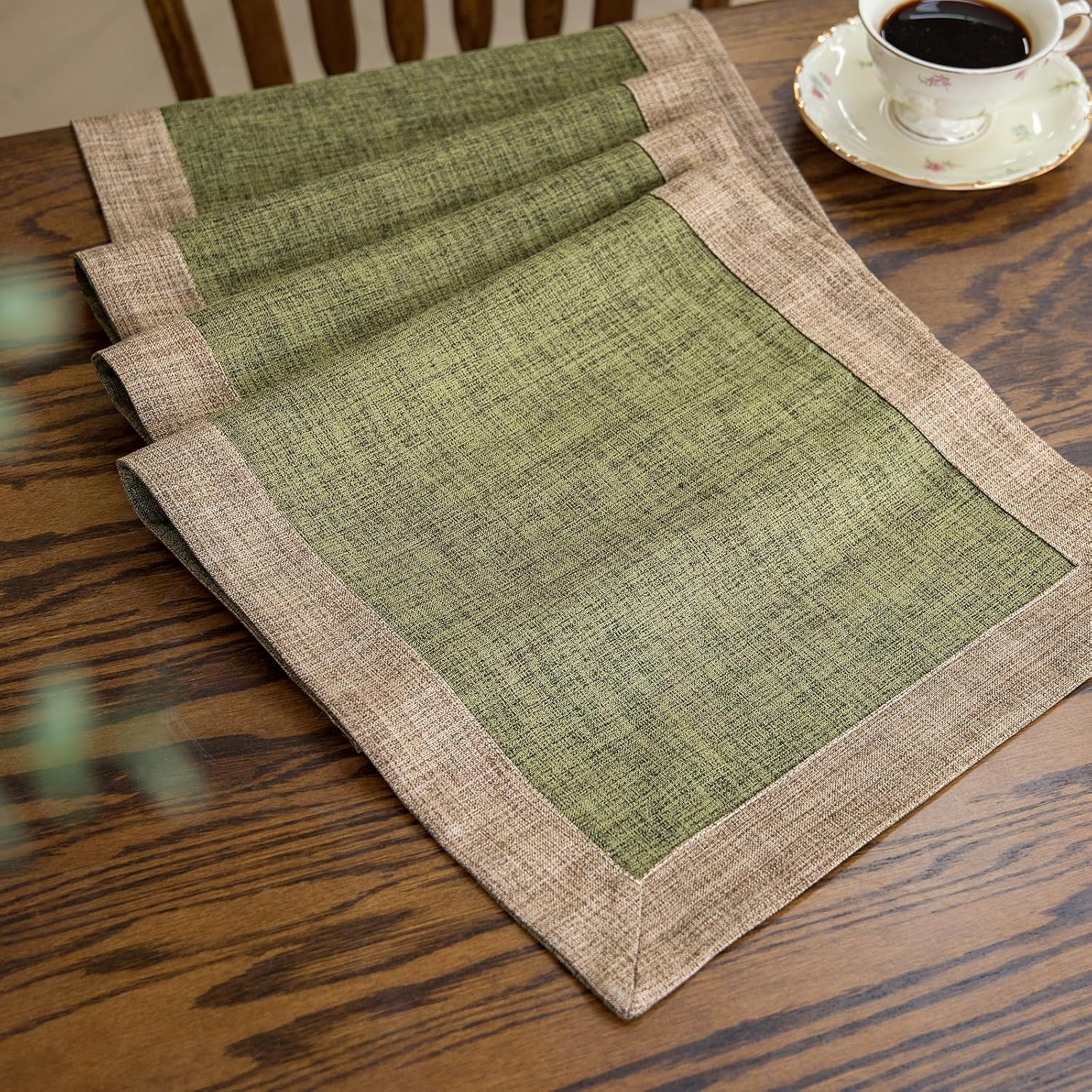 GLORY SEASON Solid Bordered Retro Table Runner Classic Textured Linen Style Rustic Washable Long Tablecloth Farmhouse Tea Table Runner Dresser Scarves for Kitchen Dining Room Olive Green 14x72 Inch