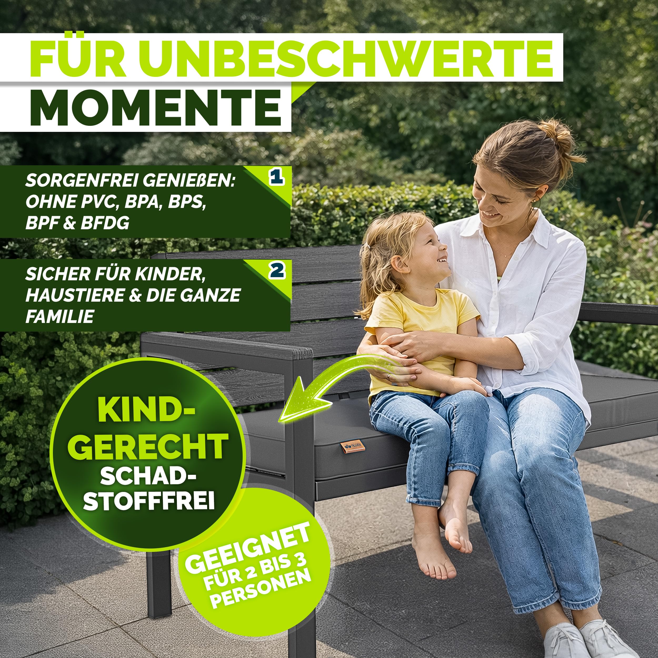 tillvex® Gartenbank Wetterfest 2-3 Sitzer mit Abdeckung & Kissen | Parkbank in Holzoptik bis 300kg belastbar UV-beständig | Sitzbank Garten Terrasse Balkon mit waschbarem Bezug