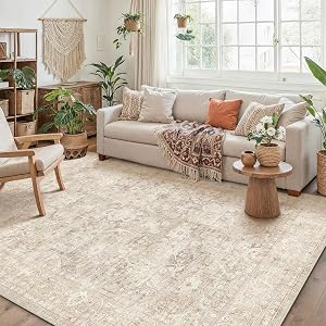 6x9 Washable Area Rug for Living Room Bedroom Beige Neutral Vintage Carpet Low Pile Soft Thin Tapis Salon Distressed Non-Slip Vacuumable Lightweight Large Floor Rug for Dining Room Indoor