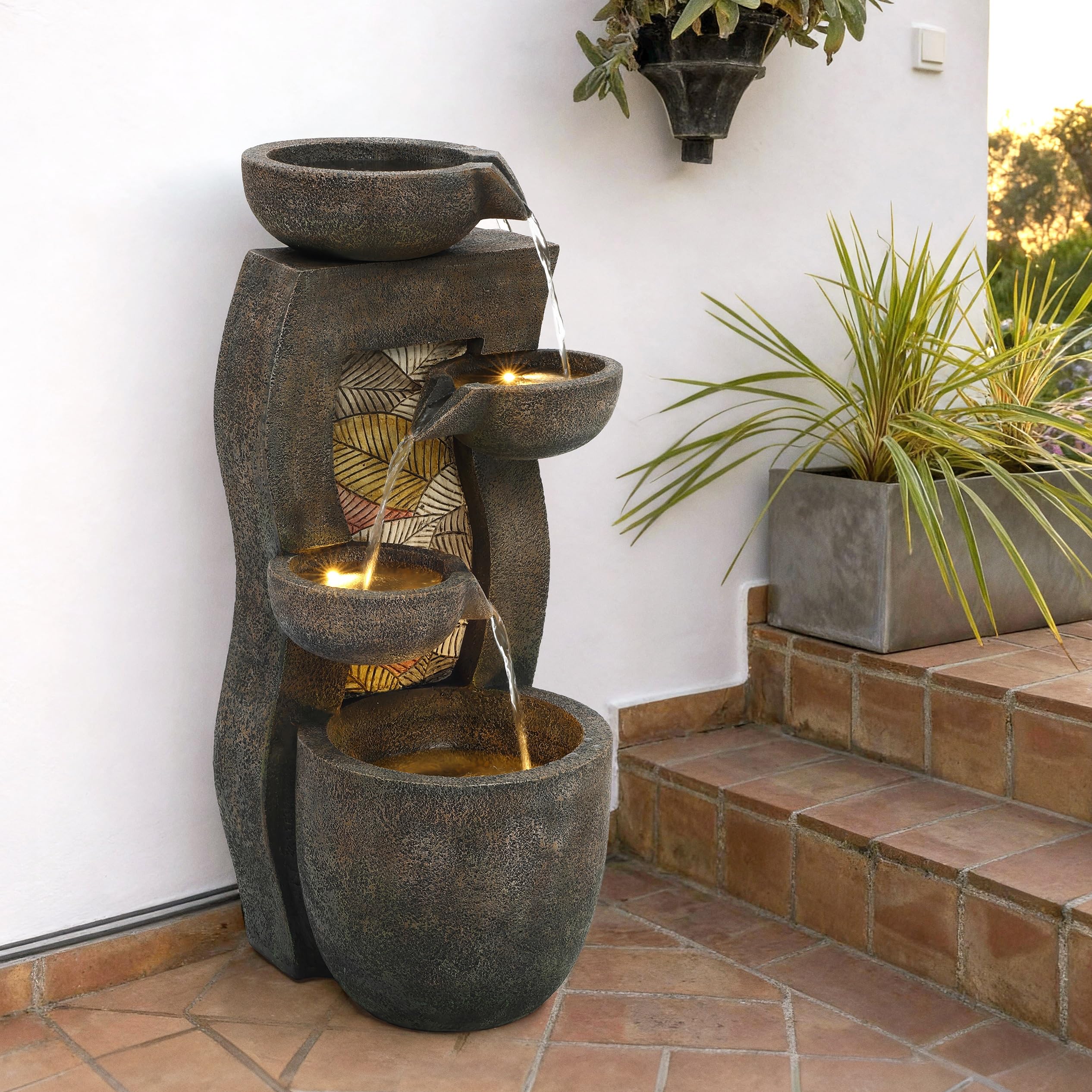 Serenity Water Features Grey Serenity Tiered Autumn Falls Water Feature With Led Lights Outdoor Indoor Garden Fountain Polyresin Self Contained Cascading Waterfall 74Cm Patio Ornament With Pump 5M Cable