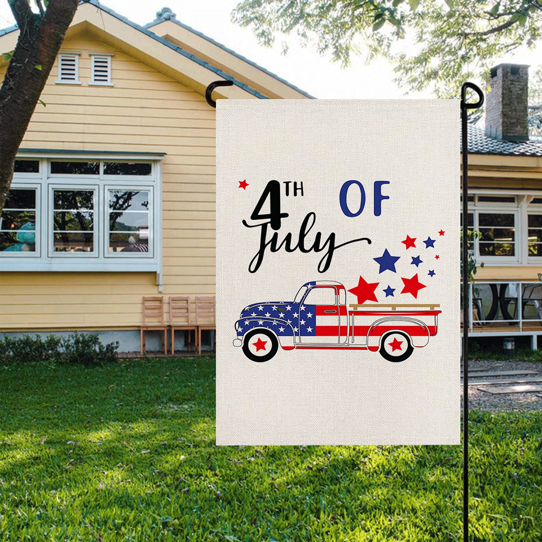 Geanlian 4th of July Garden Flag, Double Sided Truck Stars Burlap Yard Flags for American Flag Independence Day