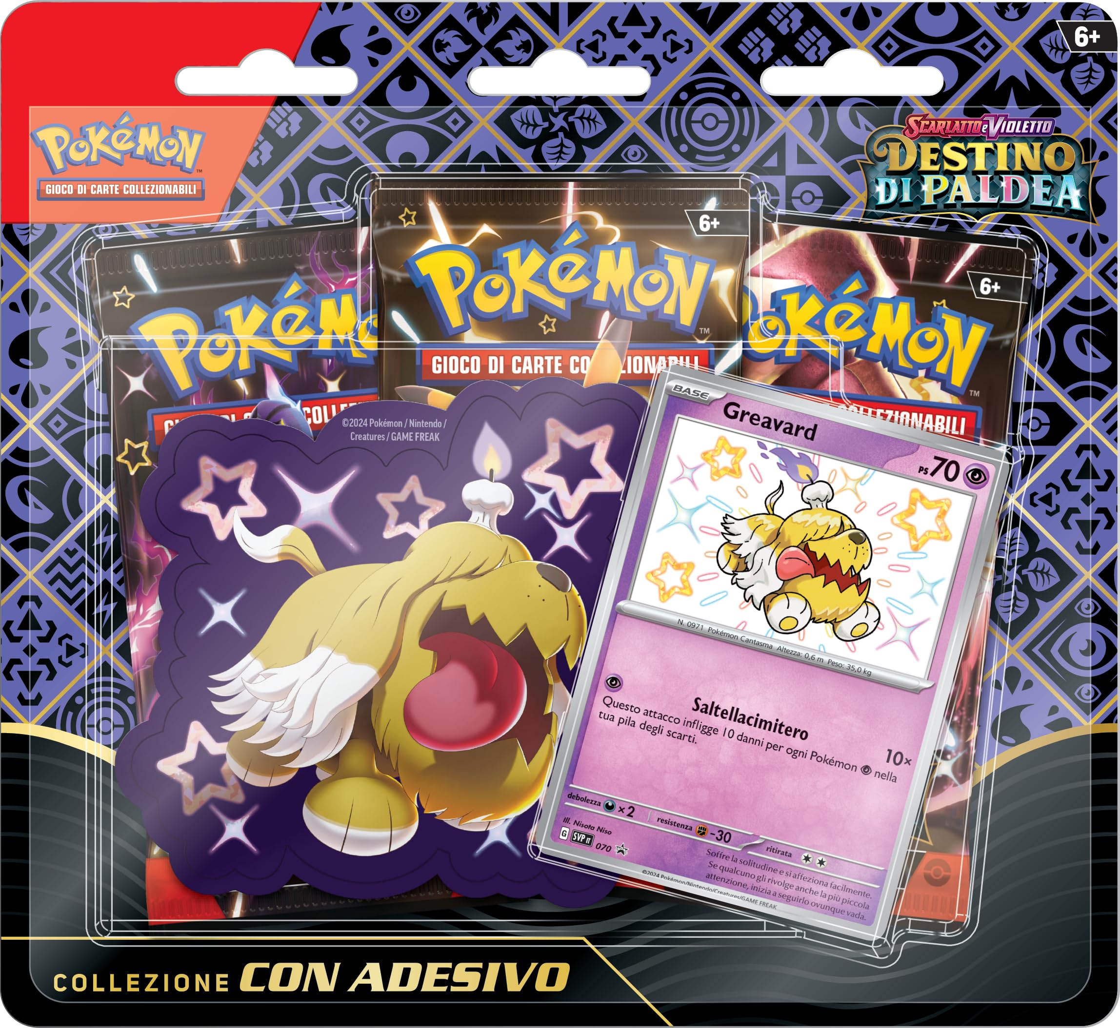 Pokémon Colección con Adhesivo (Greavard) de la expansión Escarlata y Violeta - Destino de Paldea del GCC (Carta Promocional holográfica y Tres Sobres de expansión), edición en Italiano