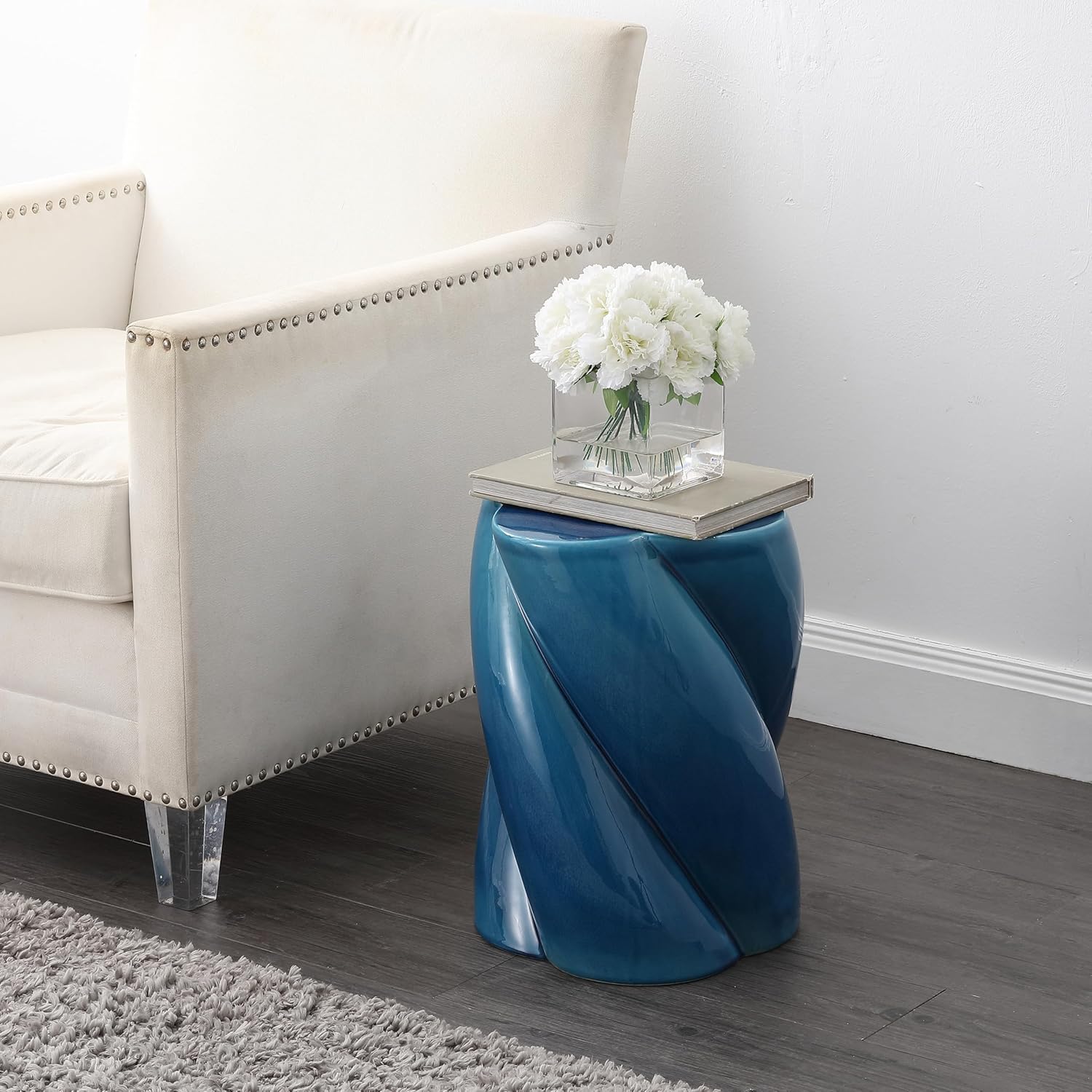 JONATHAN Y TBL1036C Yves 18" Modern Minimalist Rope Twist Ceramic Indoor-Outdoor Garden Stool, Bohemian, Coastal, Cottage, Traditional, Spill-Proof, Living Room, Garden Room, Cracked Blue