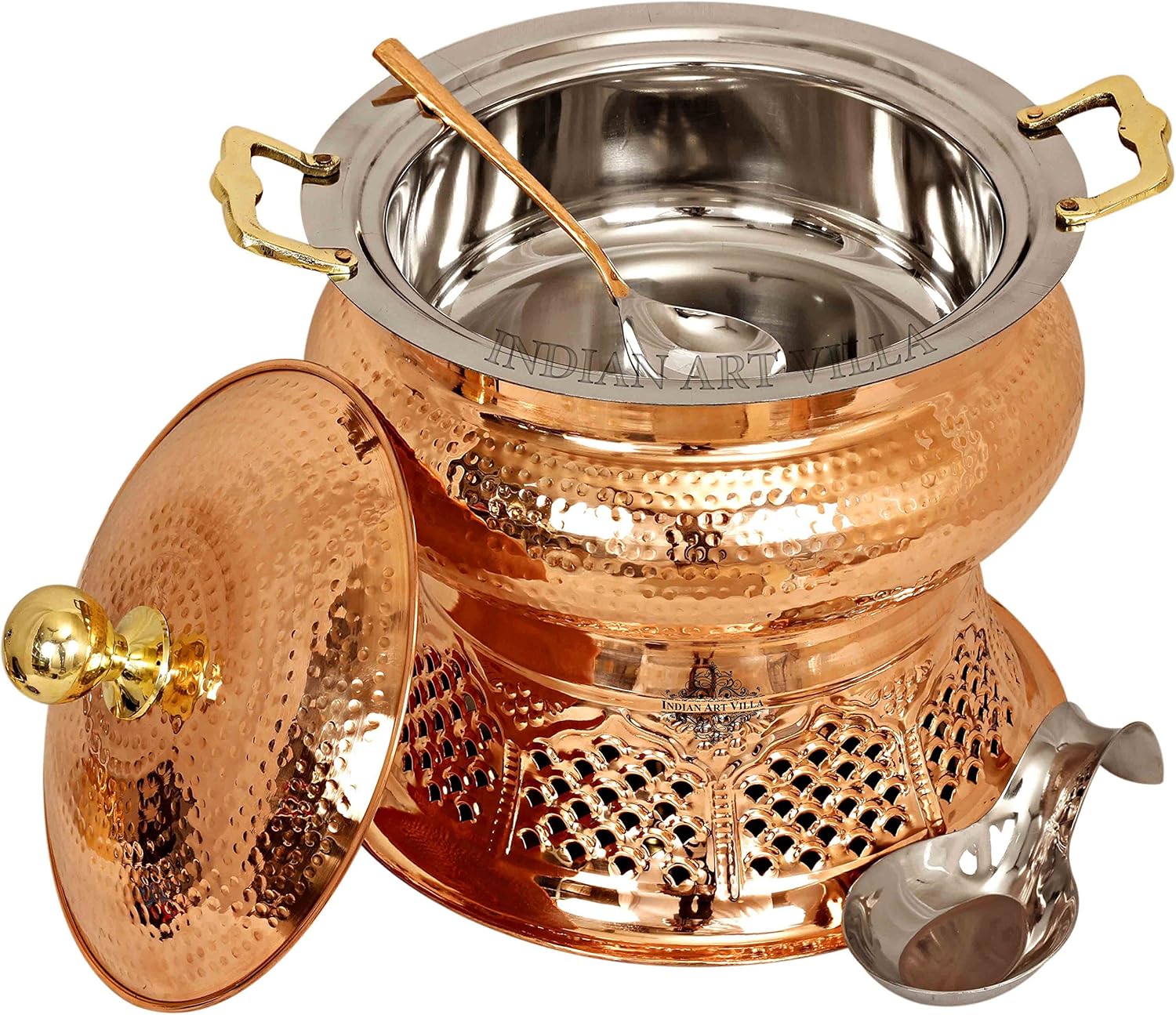 IndianArtVilla Designer Steel Copper Chafing Dish with Fuel Gel Stand & Spoon, Buffet Warmer Serveware Party, 135 OZ