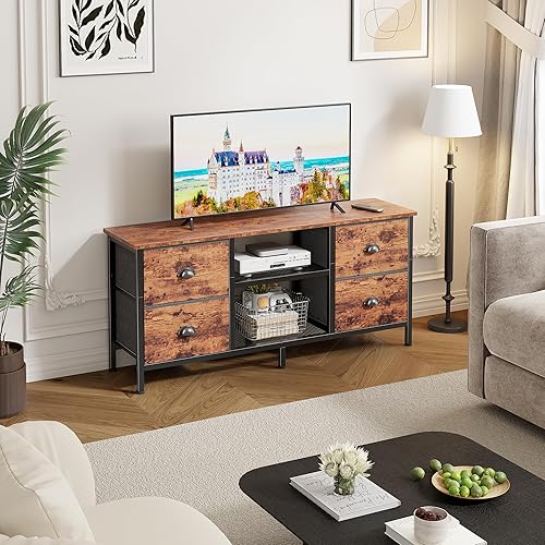 Miniatura 2 de Furologee Soporte de TV con 4 cajones, centro de entretenimiento de 43 pulgadas con estantes abiertos, mesa consola multimedia para TV de 50 Marrón