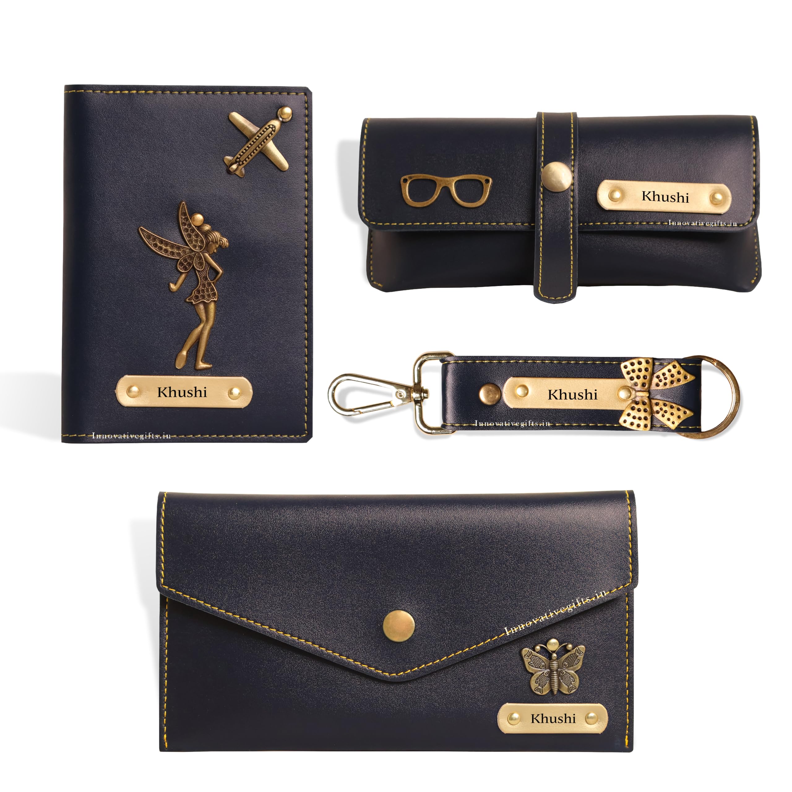 Innovative Gifts Women's Customized Wallet, Keychain, Sunglass & Passport Cover with Name & Charm I Personalized Vegan Leather Gift Combo Set I for Girlfriend Women Wife Birthday Anniversary (Blue)