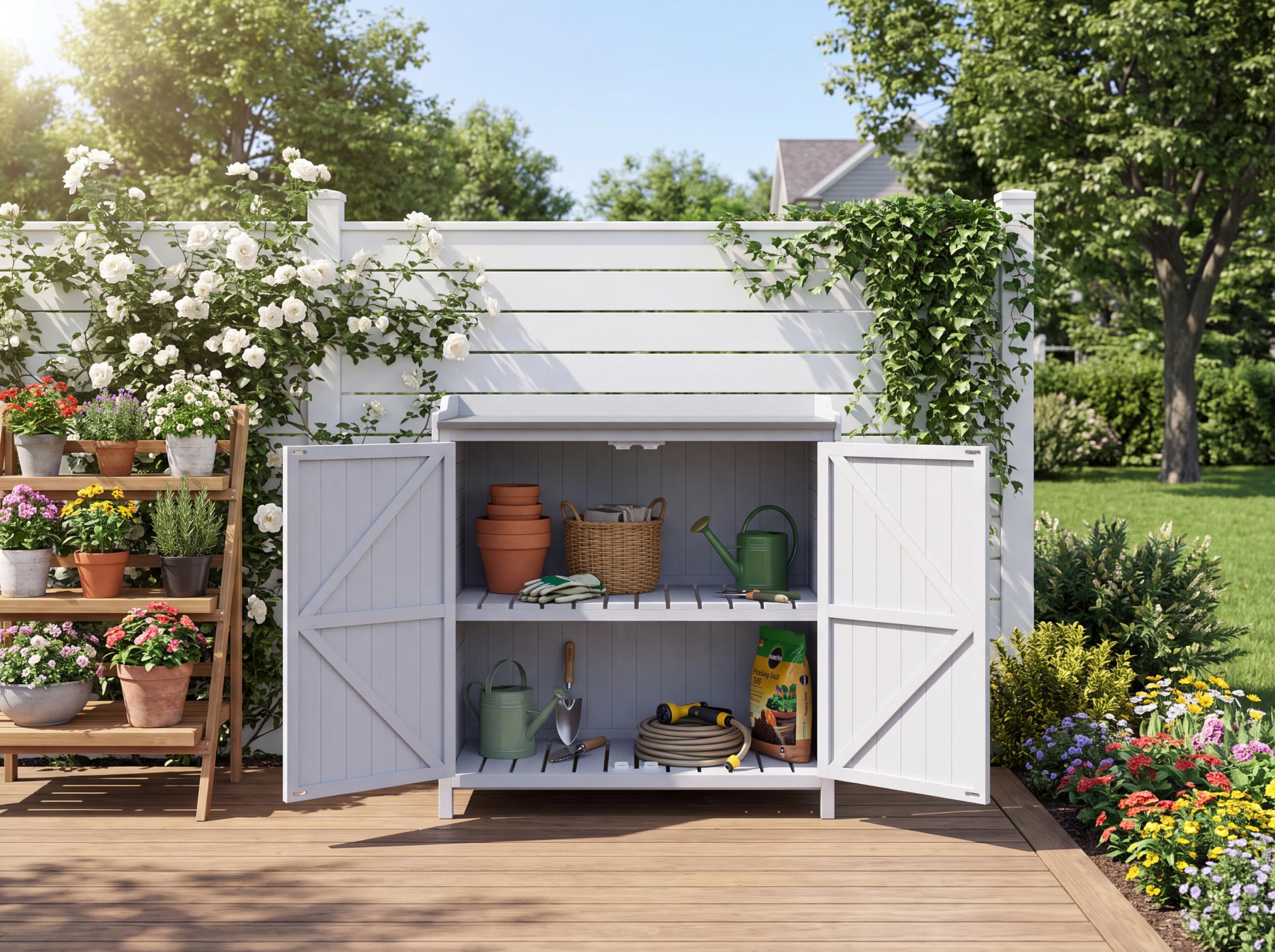 Aoxun Wood Garden Storage Cabinet, Outdoor Tool Shed, Potting Bench Table with galvanised Top and Removable Shelve for garden Tools or Pool Accessories,98 x 47 x 94 cm, Grey