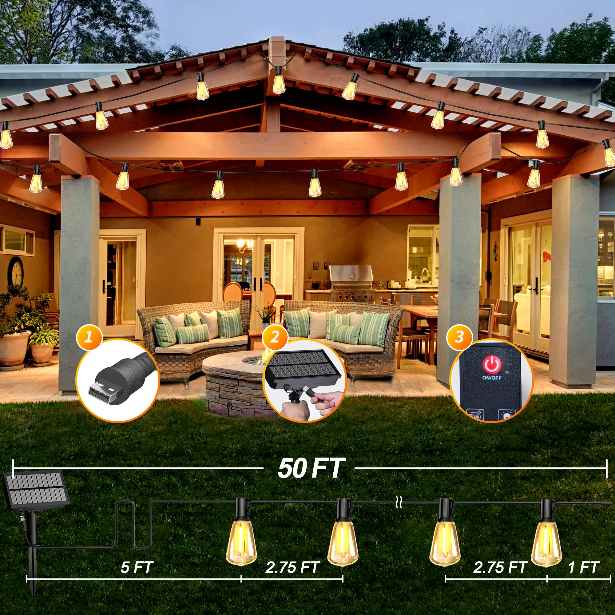BLIATLUS Guirnalda de luces solares de 60 pies para exteriores, impermeable, con control remoto, luces solares para patio, porche, jardín, mercado, bistró, patio, valla