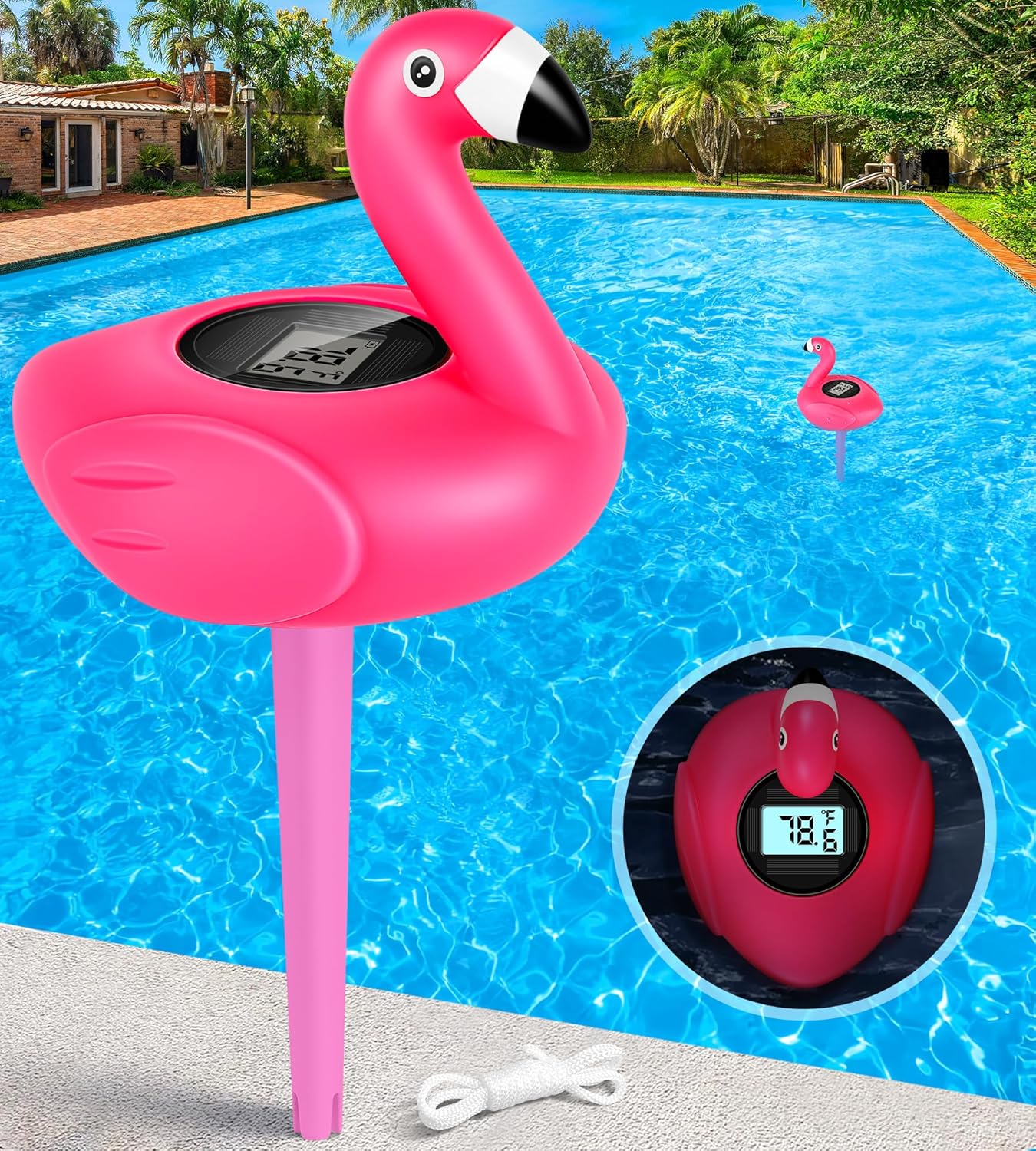 Pircaath Solar Digital Pool Thermometer with Rope | Backlit LCD Display for Easy Read | Flamingo Pool Temperature Thermometer Floating Design | IP68 Waterproof Temperature Gauge for Hot tub-Light Pink