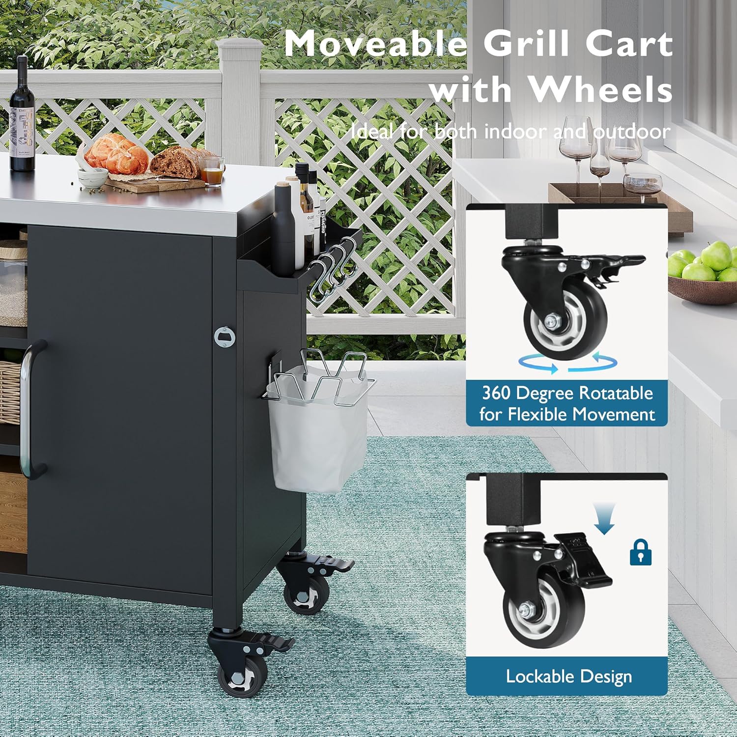 Amposei Outdoor Grill Table Bar Cart with Stainless Steel Sink, Metal Rolling Kitchen Island on Lockable Wheels, Food Prep Station with Storage Cabinet for Patio, Garden, Porch, Balcony, Black