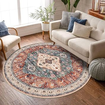 KOZYFLY Boho Round Rug 6 Ft Rugs for Entryway Washable Circle Rug Non Slip Doormat Rust/Orange/Blue Printed Faux Wool Vintage Round Entryway Rug Floor Carpet Round for Entrance, Bedroom