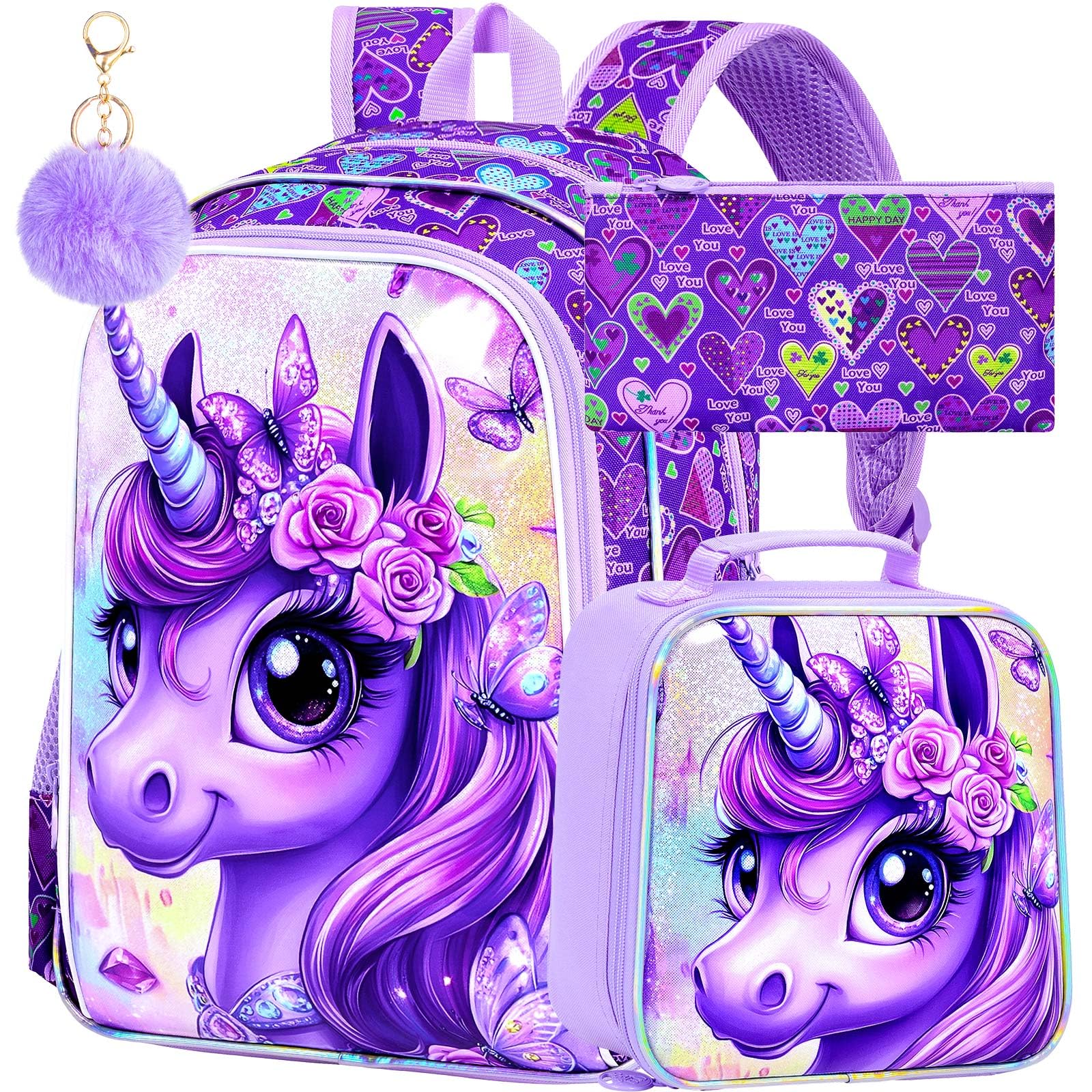 3Pcs Unicorn Backpack for Girls 16 School Backpacks Set for Elementary Preschool Kindergarten Kids Bookbag with Lunch Box