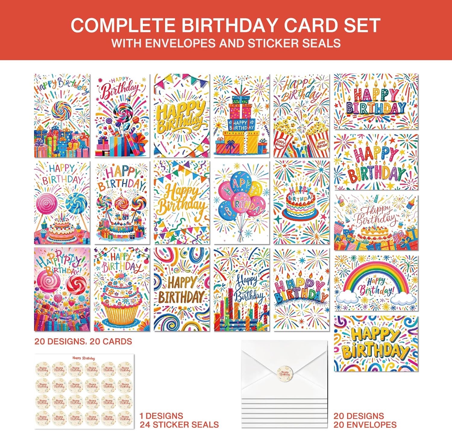 20pcs Birthday Cards, Messages, Envelopes, and Stickers | 4x6 Inch Happy Birthday Cards Bulk for Family, Kids, Friends, Work, and Office Celebrations. (20 Pcs Cards With Firework patterns) - Image 4