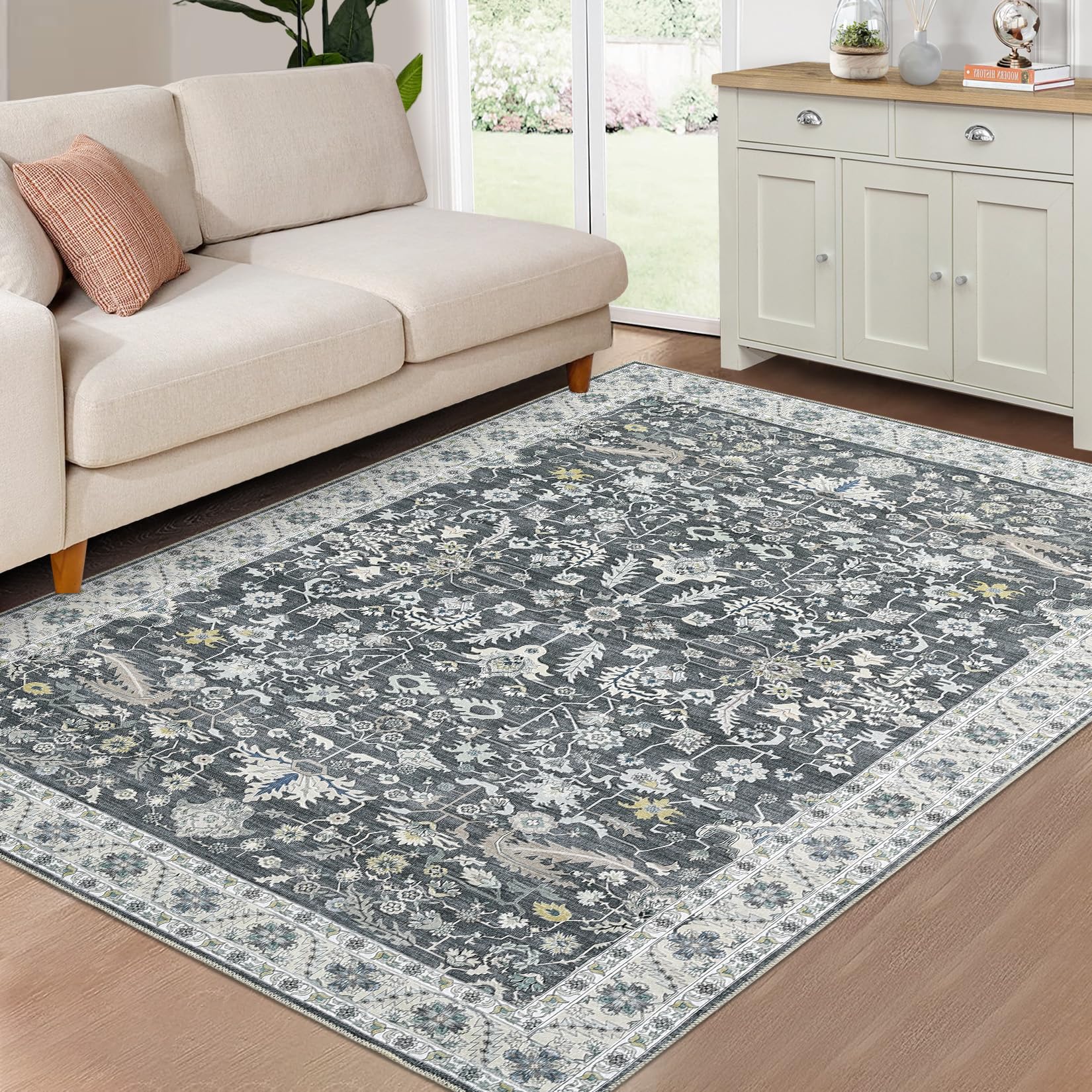 ROYHOME Washable Area Rug Vintage Distressed Area Rugs Carpet Stain Resistant Non-Slip Accent Rug Traditional Floral Medallion Farmhouse Carpet Rug for Coffee Table Bedroom Decor, Grey, 4' x 6'
