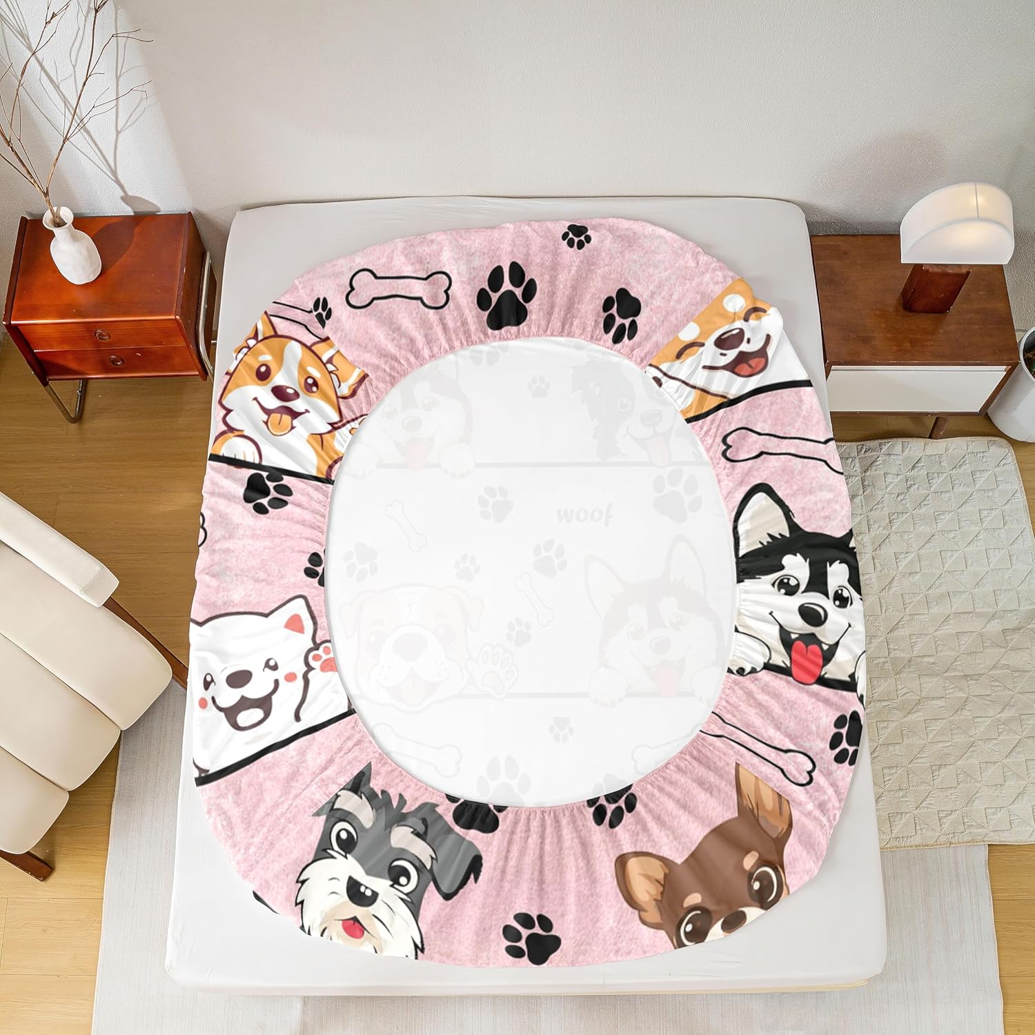 Manfei Cute Dog Bed Sheet 4 Piece,Black Paw Bone Print Pink Sheets Full Size Bed Set,Cartoon Puppy Pet Animals Bedding Set with Flat,Fitted Sheet,2 Pillow Cases