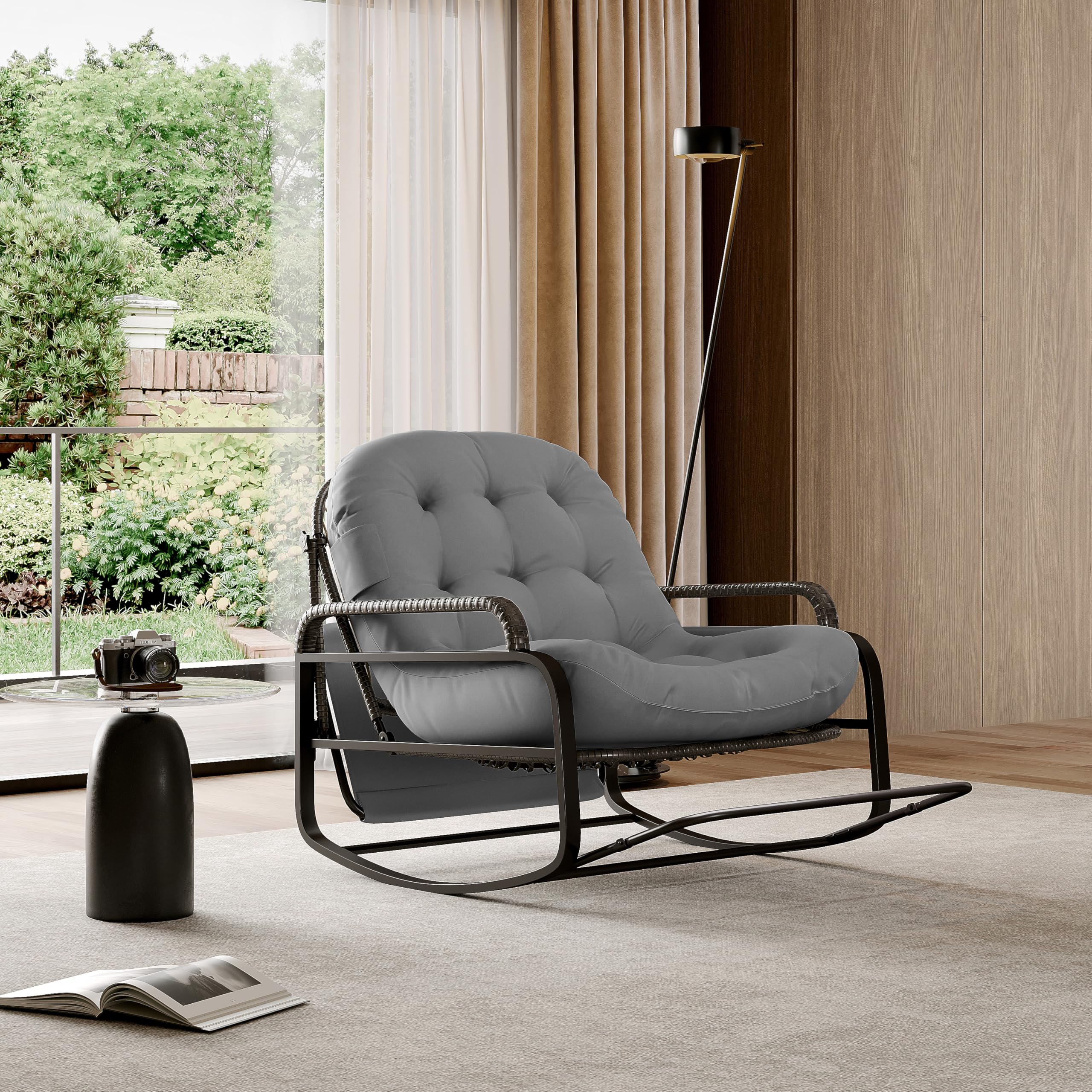 Sillón mecedora exterior interior, silla de salón de ratán PE con cojín acolchado y toldos, mecedora para dormitorio, salón, jardín, terraza (gris)