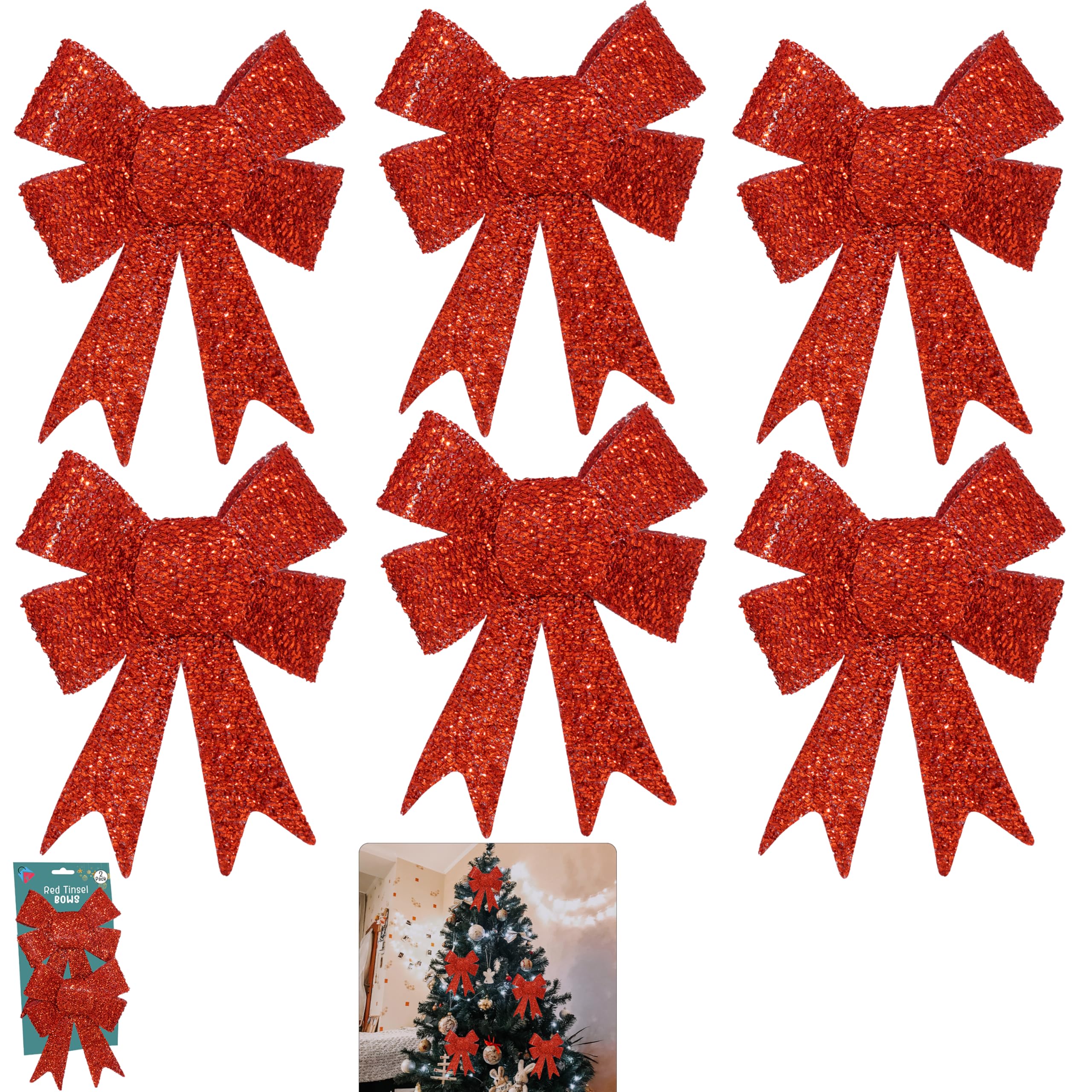 6PCs Red Bows 16cm, Christmas Glittered Decorative Bows for Xmas Tree, Gifts and Home Décor, Tie-On Black Card, Festive Holiday Decoration