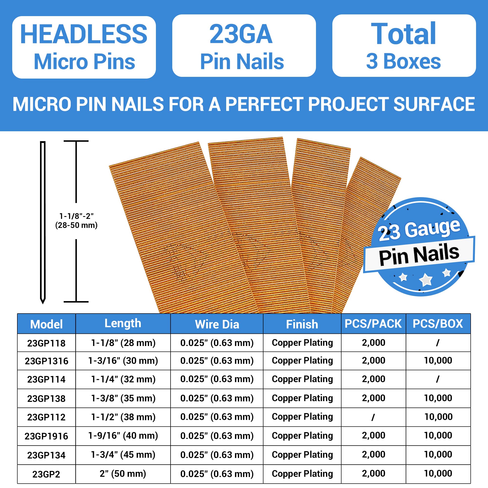 Pin Nails Meite 23 Gauge , 1-3/4-Inch Micro Headless Pins For Pin Nailer - Copper Plated Pins Nails For Nail Gun, Ideal For Fine Woodworking And Trim 23 Ga Pin Nails