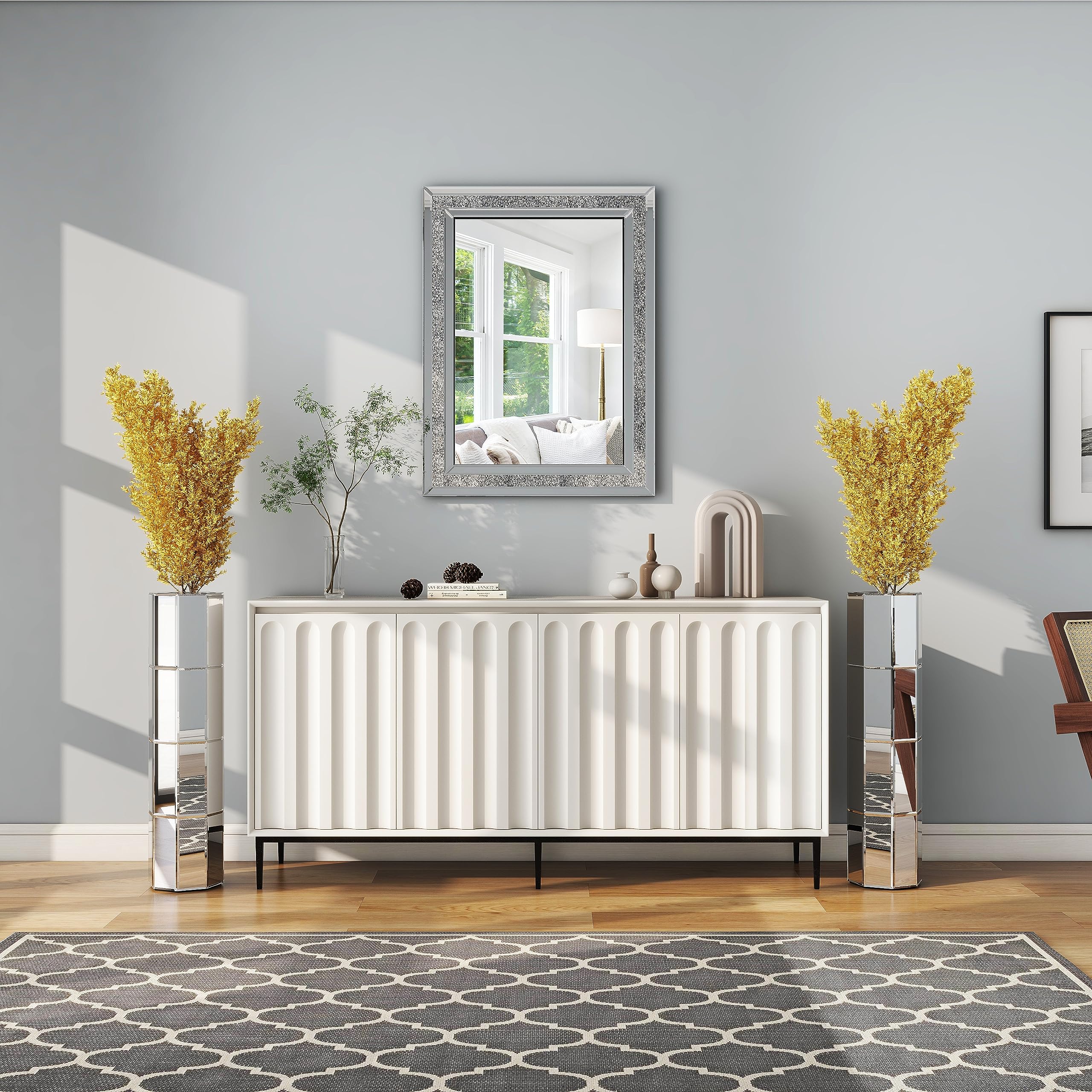 SHYFOY Bodenvase Groß 70 cm, Bodenvase Glas, Spiegelfläche, MDF-Struktur, Deko Bodenvase XXL für Kunstpflanzen und Pampasgras, Achteckiger Zylinder, Silber