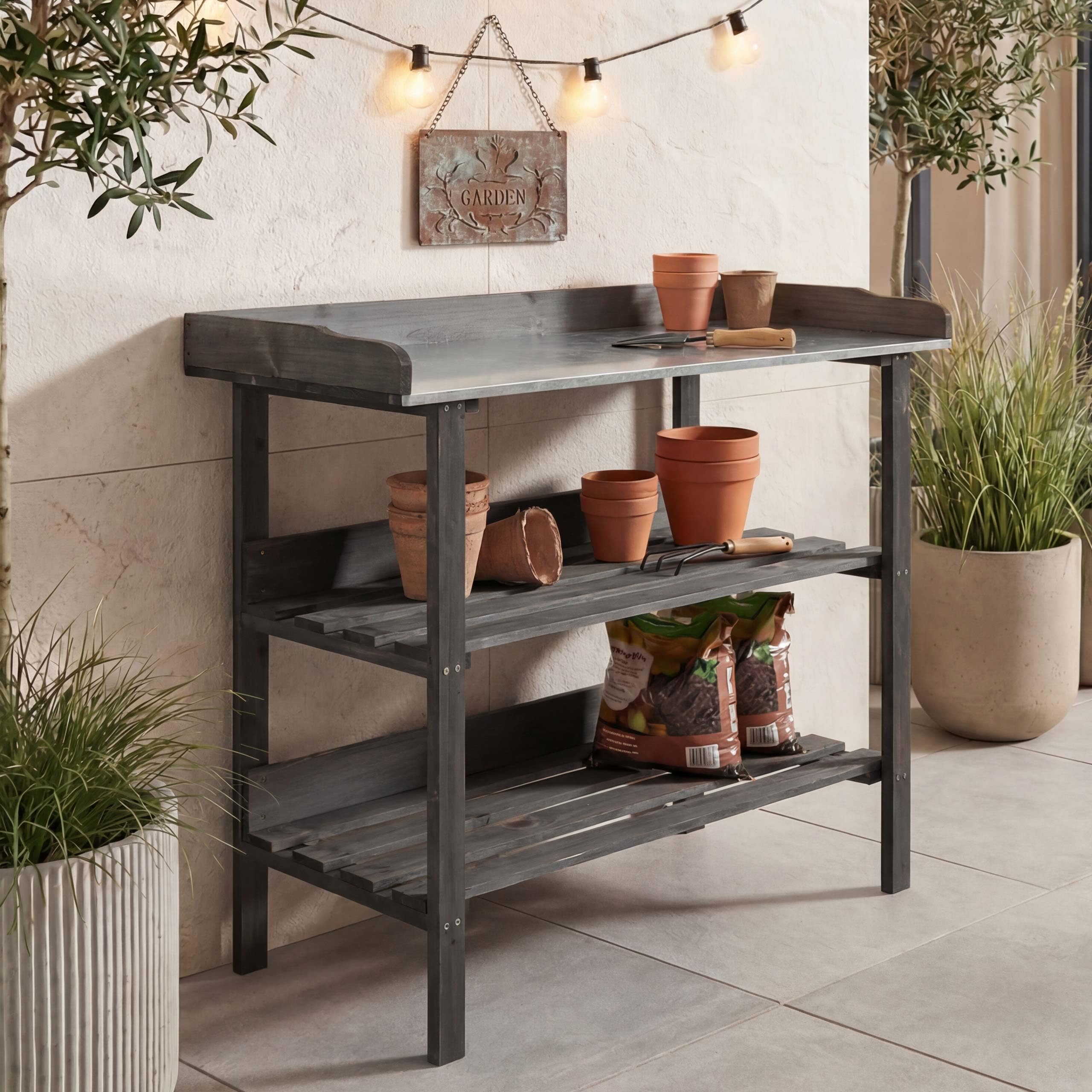 Mendler HWC-O14 - Mesa de jardinería (madera, 86 x 92 x 41 cm), color antracita