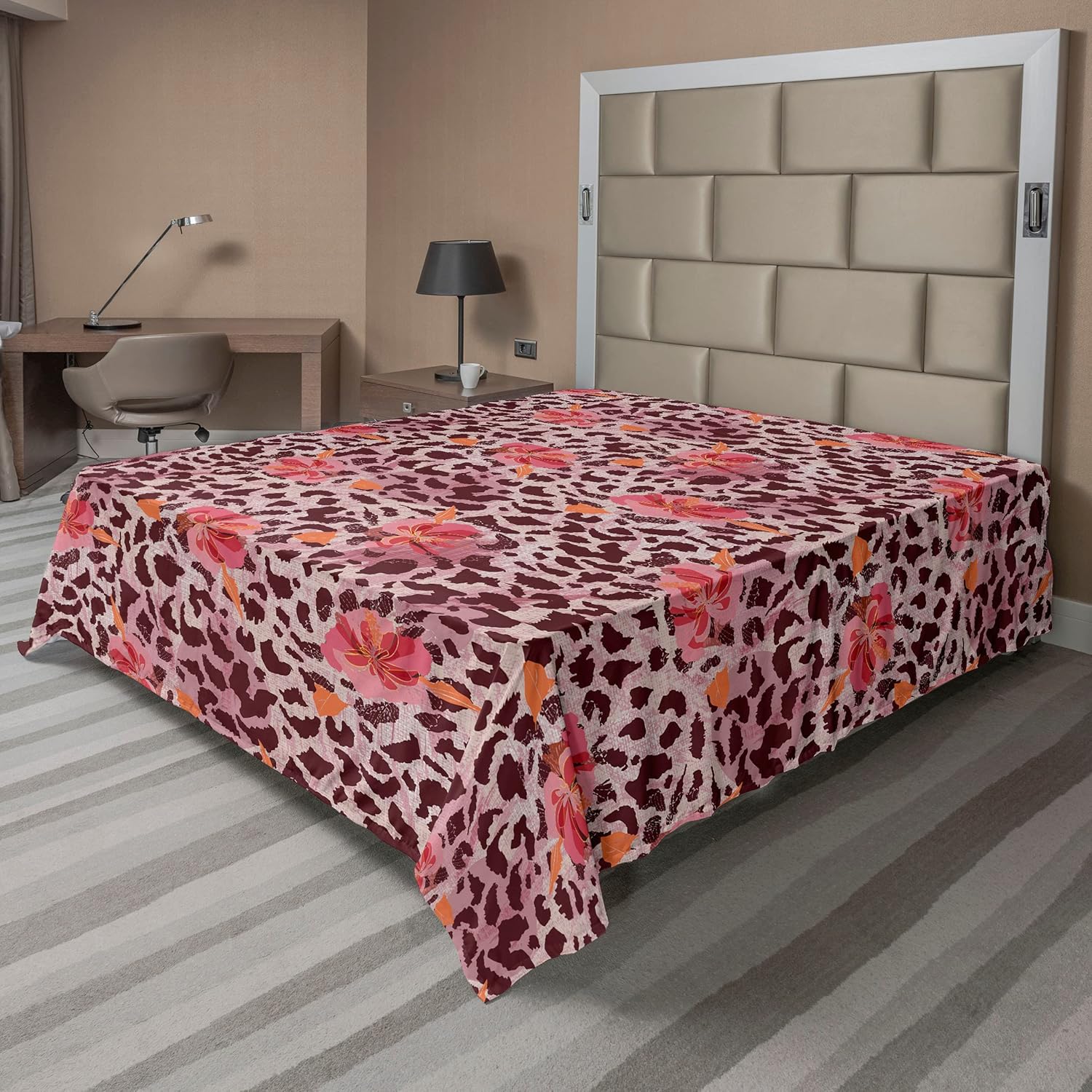 Ambesonne Flowers Vintage Flat Sheet, Wild Life Blooming Flora and Leopard Skin Pattern Print Boho, Soft Comfortable Top Sheet Decorative Bedding 1 Piece, Queen Size, Rose Dark Coral Vermilion