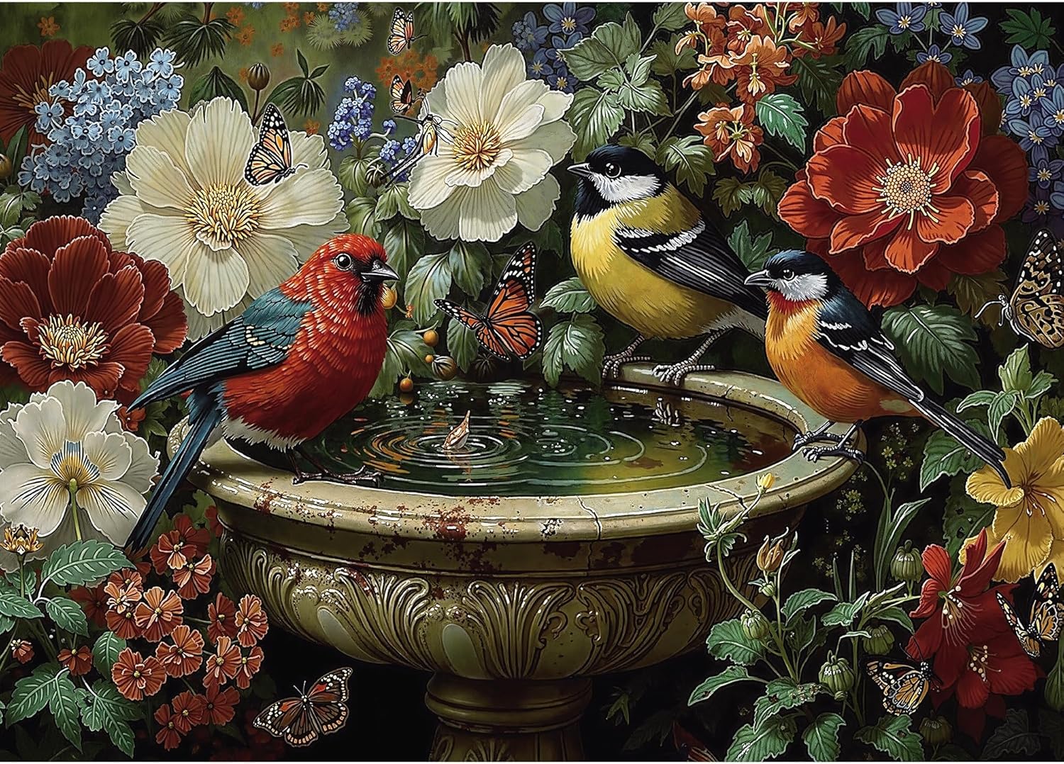 Puzzles for Adults 1000 Pieces, Spring Flower Garden Bird Bath, 1000 Piece Puzzle for Adults Seniors, Animal Nature Hard Jigsaw Puzzles with Letters on Back, Family Fun Gifts Decor,1:1 Poster