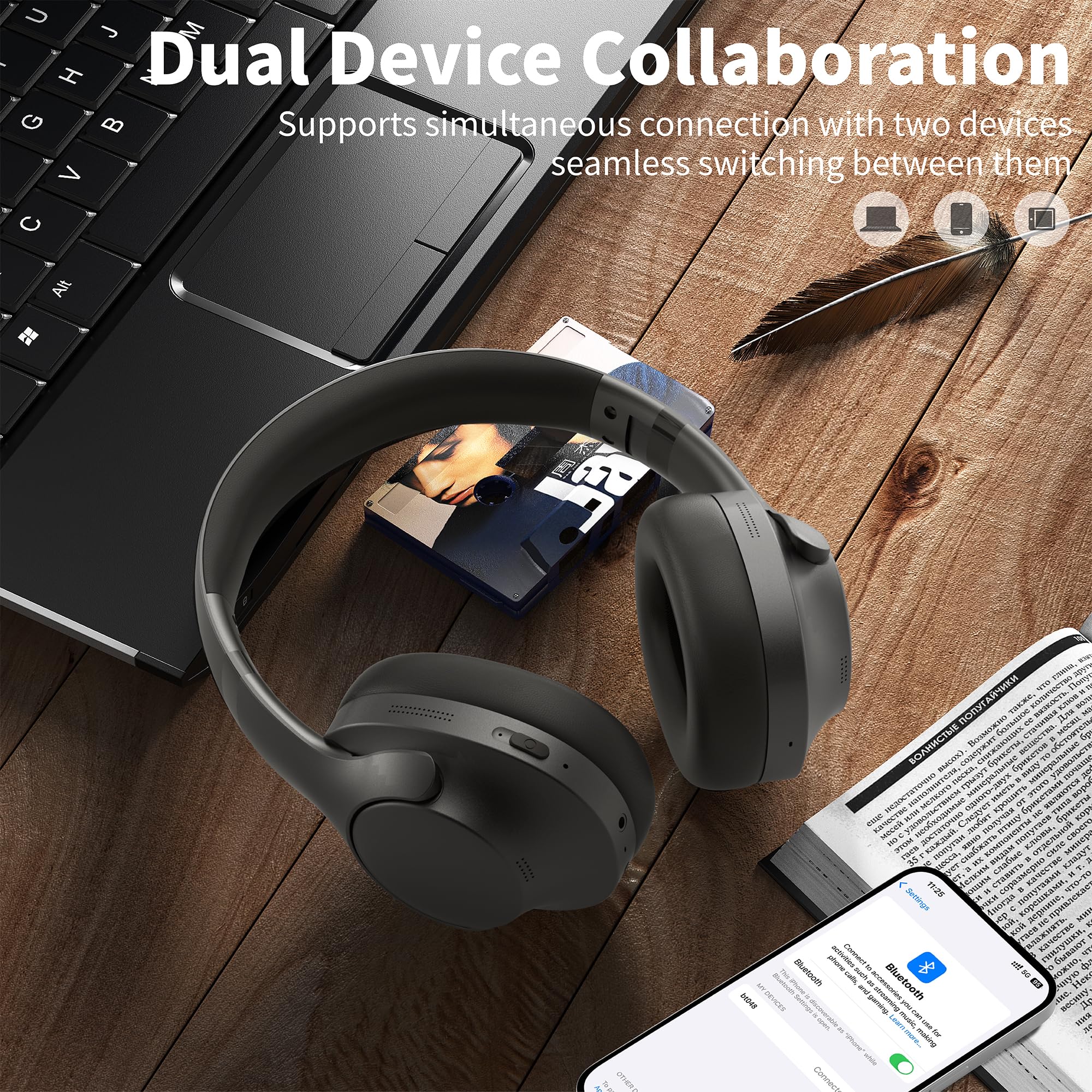 Rebocico Active Noise Cancelling Headphones with Mic-100H Playtime, Bluetooth Headphones with Deep Stereo Sound, Foldable Comfort, Wireless Headphones Bluetooth for Travel, Work or Commute, Black — view 6