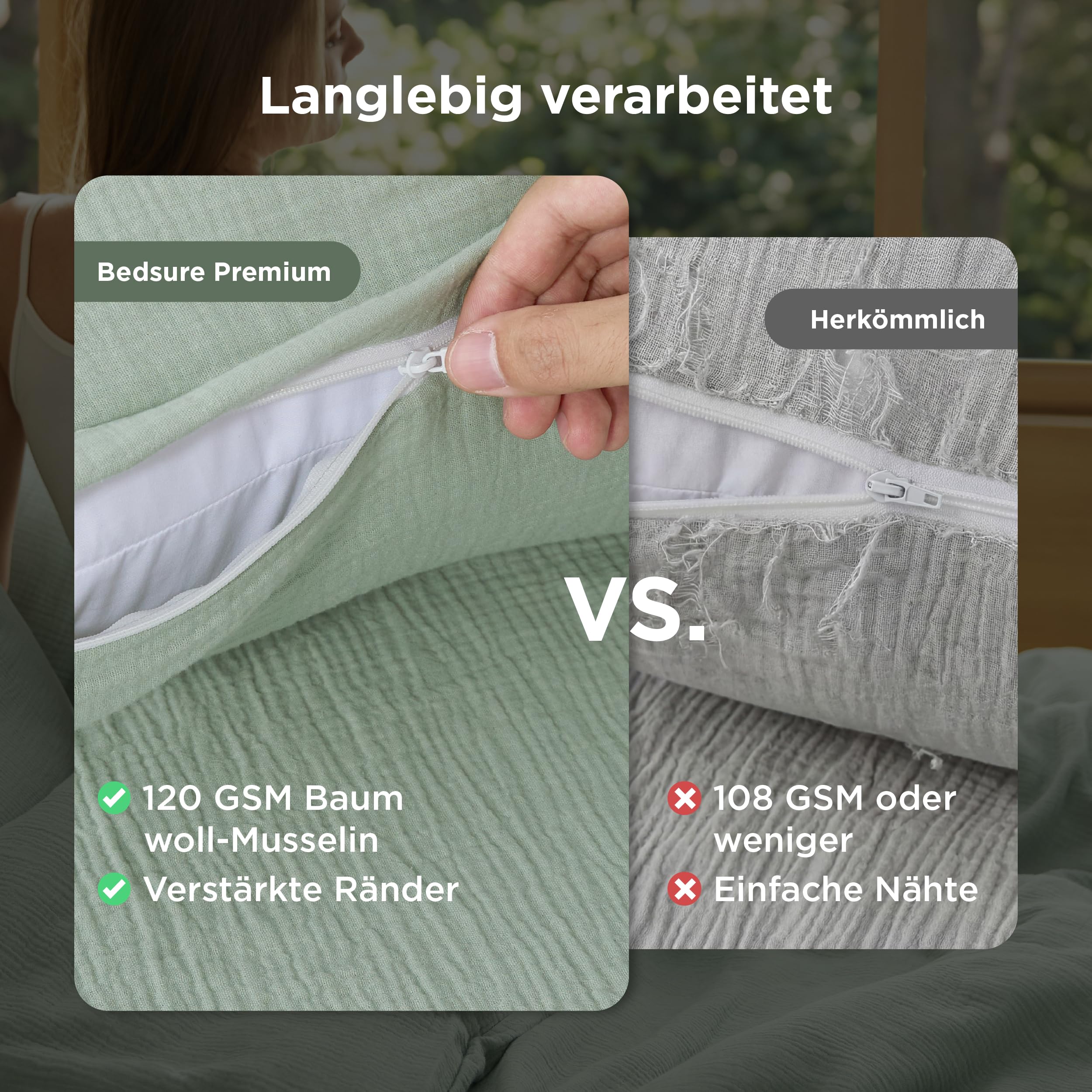 BEDSURE Musselin Bettwäsche 135x200 2-teilig 100% Baumwolle Oeko-TEX Zertifiziert Grün