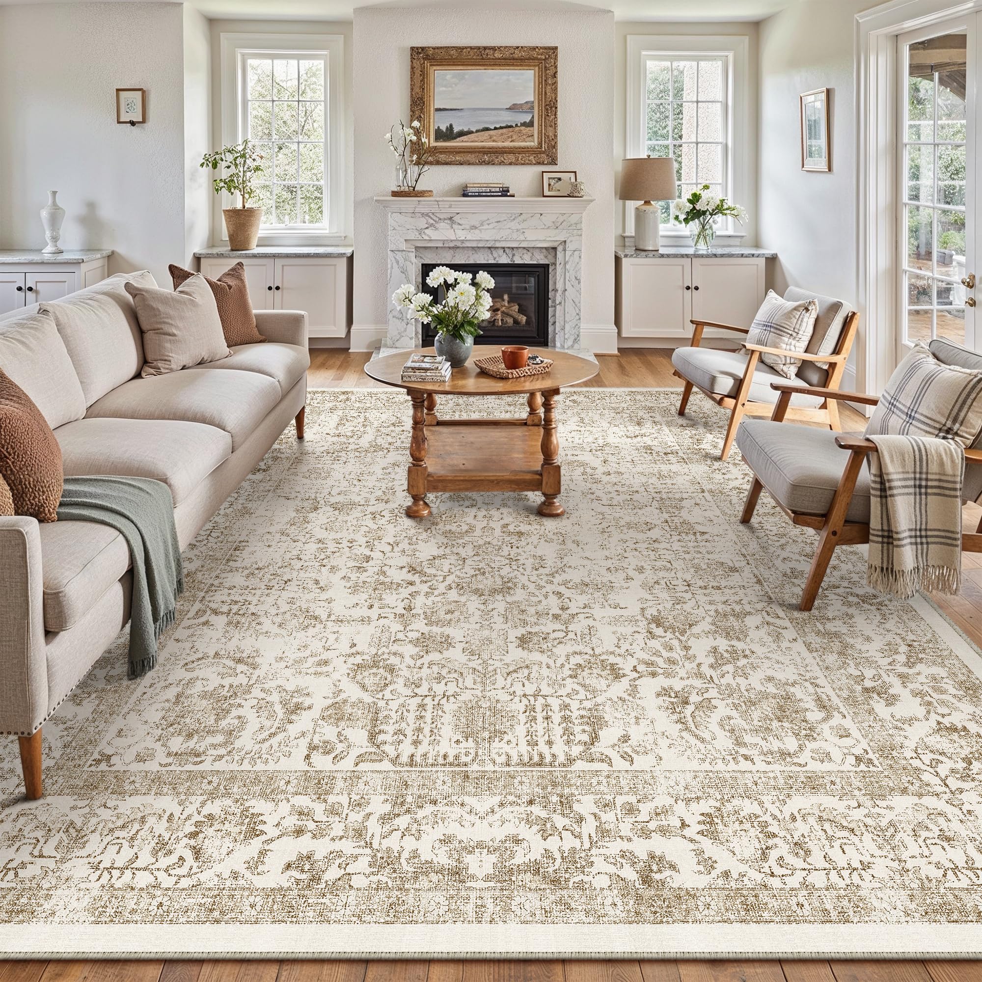 Light Brown Area Rug 9x12 Machine Washable Large Vintage Living Room Distressed Non Slip Carpet Traditional Indoor Bedroom Retro Floral Accent Throw Rug for Office Kitchen Dining Room