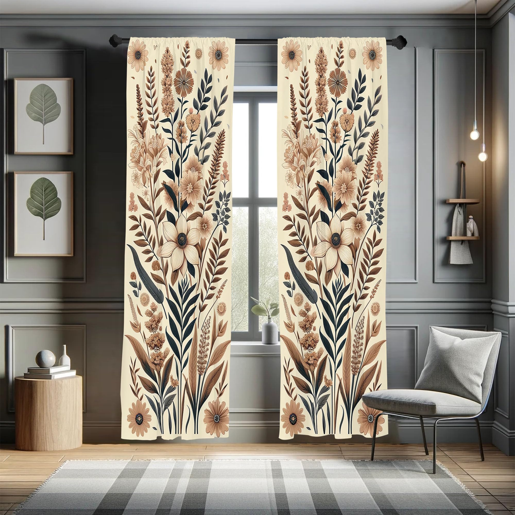 Ambesonne Vintage Floral Window Curtains, Boho Garden of Nostalgia Branches Leaves and Blooming Flowers, Lightweight Decor 2-Panel Set with Rod Pocket