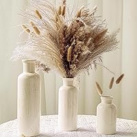 QQBABO Pampas Grass Vase Set: 3 White Ceramic Vases with Dried Pampas, Bunny Tails - Boho Farmhouse Mantel & Table Decor